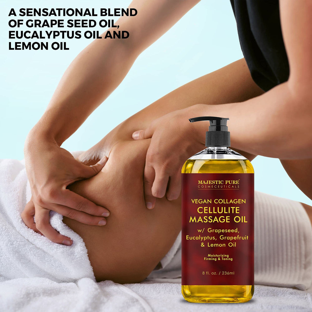 MAJESTIC PURE Cellulite Massage Oil for Massage Therapy - Refreshing, and Relaxing - Natural Oils with with Vegan Collagen & Stem Cells - for All Skin Types - Men and Women - 8 fl oz