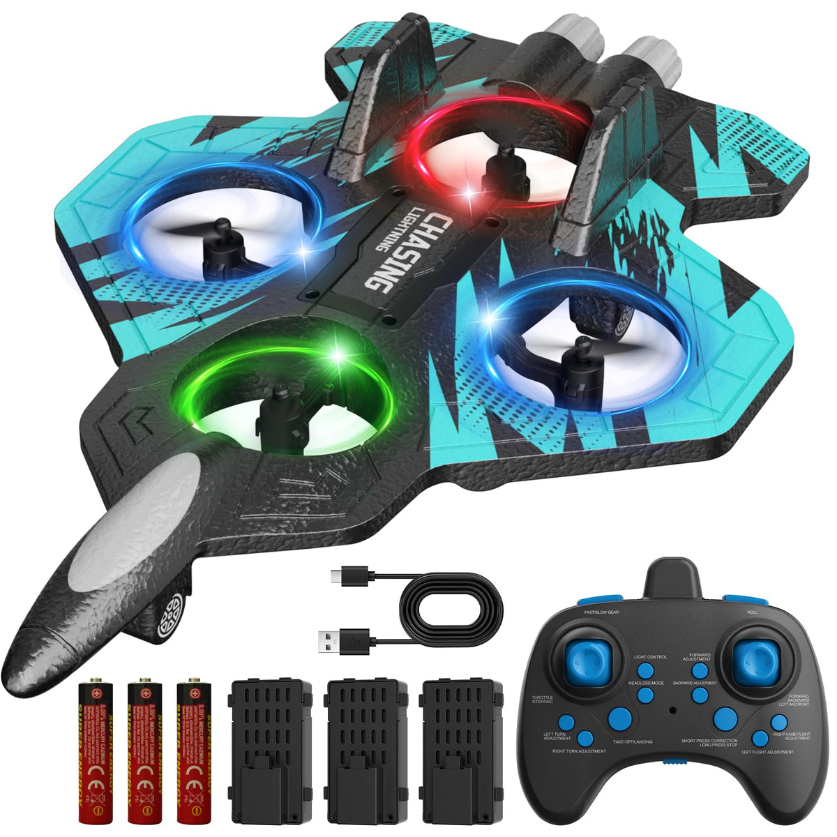FUNPX Foam RC Plane with 3 Drone Batteries and 3*AAA Batteries (Black/Blue)