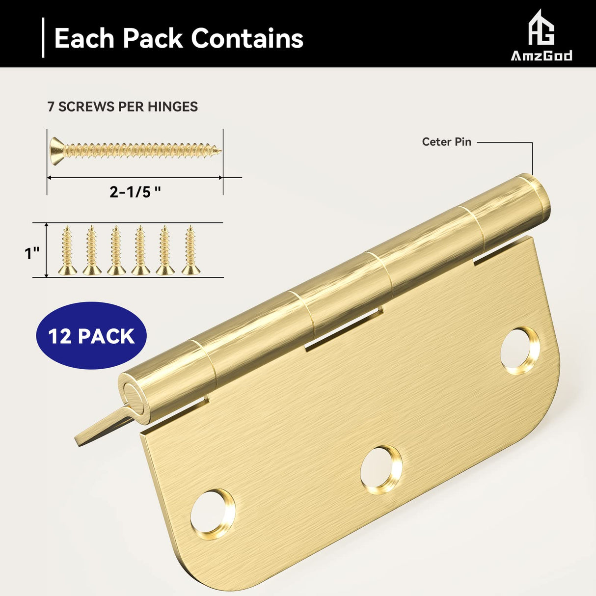 AmzGod Satin Brass Door Hinges - 12 Pack Gold Door Hinges 3.5 Inch Rounded Interior Door Hinge with 5/8" Radius - 3 1/2 Inches Flat Iron Brass Hinges for Residential Standard Doors