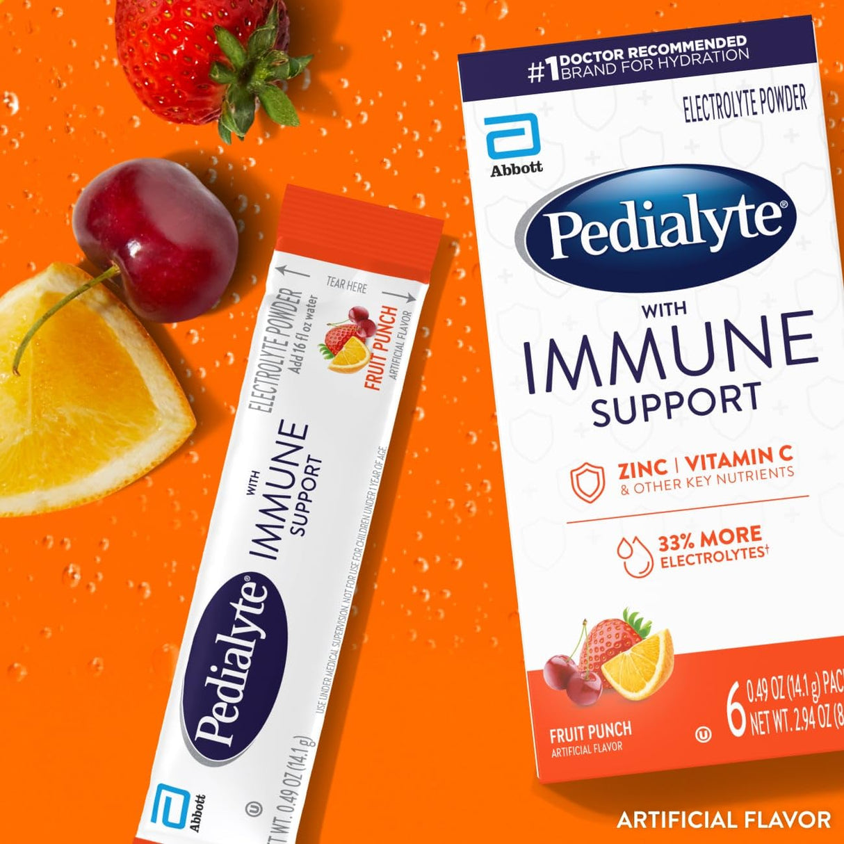 Pedialyte with Immune Support, Electrolyte Drink Powder with Vitamin C and Zinc, Advanced Hydration, Fruit Punch, 24 Powder Packets