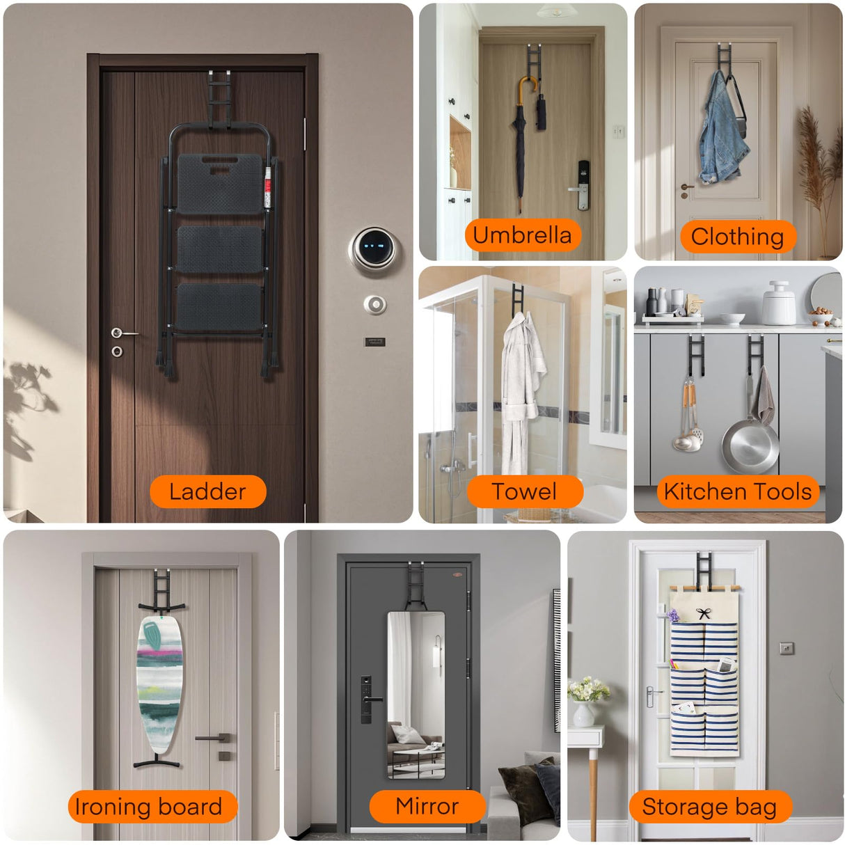 FYY Over The Door Hooks - 4 Pack Heavy Duty Dual-Hook Organizer Hanger with Non-Slip Rubber for Towels, Clothes, Hats & Bags Use in Bathroom, Bedroom, Kitchen - Fits Interior Doors Up to 1.6" Black