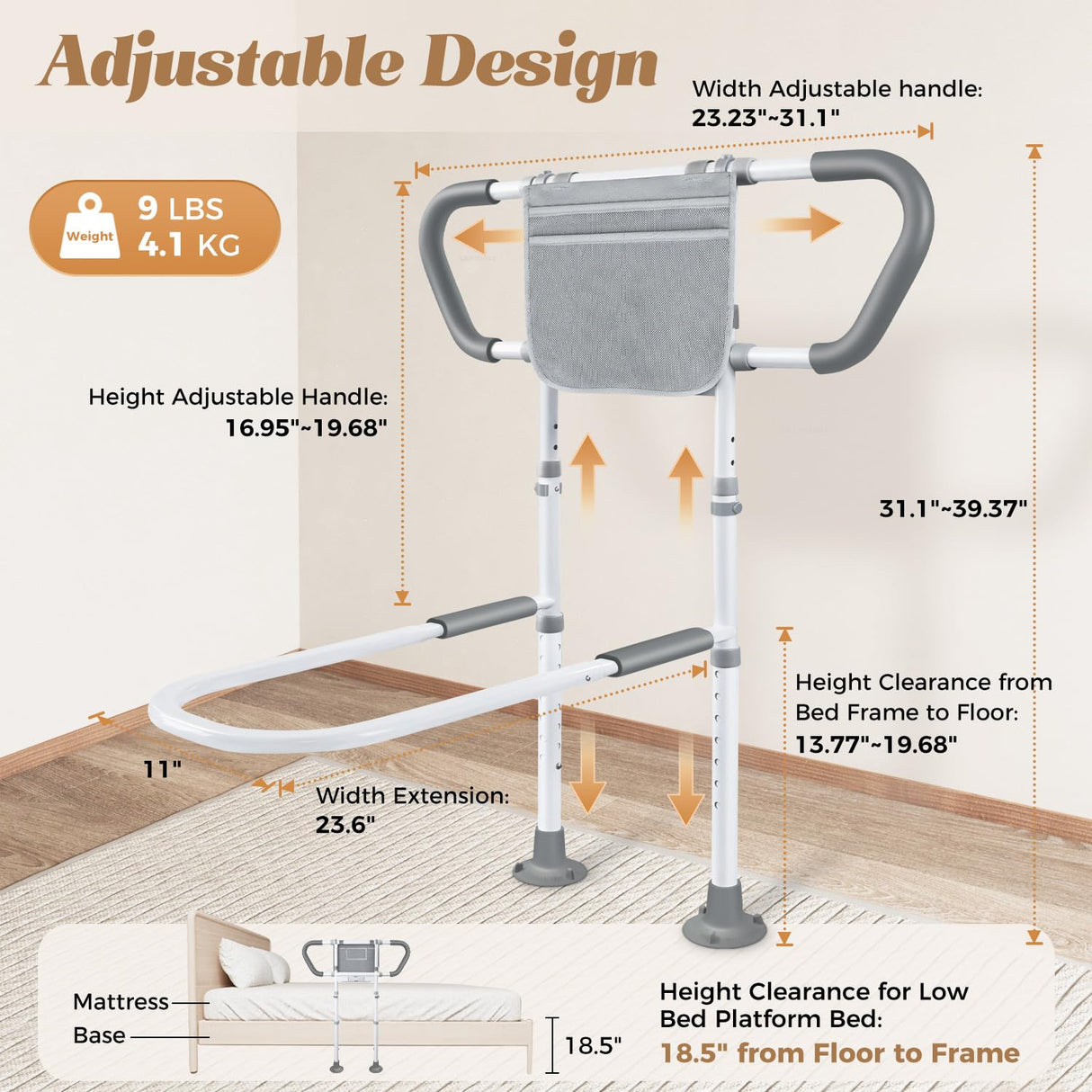easymake Bed Rails for Elderly Adults Safety: Adjustable Bedside Assist Rails with Storage Pockets, Non-Slip Handles, Sensor Night Light, 400LB Gravity Capacity