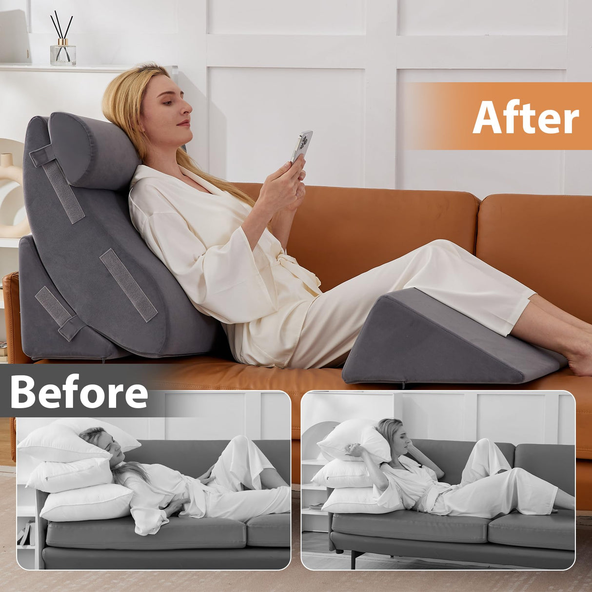 4PCS Wedge Pillow Set for After Surgery, Orthopedic Bed Wedge Pillow for Back Pain Relief, Sitting up in Bed,Recovery, Acid Reflux, Snoring, Body Pillow for Sleeping,Leg,Shoulder Support, Velvet Grey