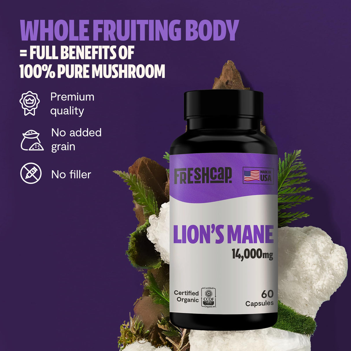 FreshCap Lions Mane Supplement Capsules 14,000mg - Lion's Mane Mushroom Extract for Brain Support, Premium Ayurveda Organic LionsMane Mushroom for Memory, Focus & Clarity (180 Capsules)