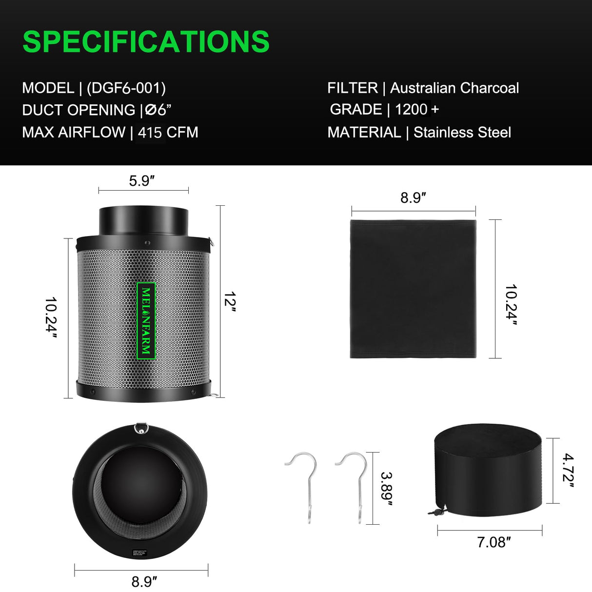 MELONFARM 6" Air Carbon Filter Smelliness Control with Australia Virgin Charcoal, Odor Removal Carbon Filter for Grow Tent, Inline Fan, Hydroponics, Pre-Filter Included, Insulated Flange 6" x 12"