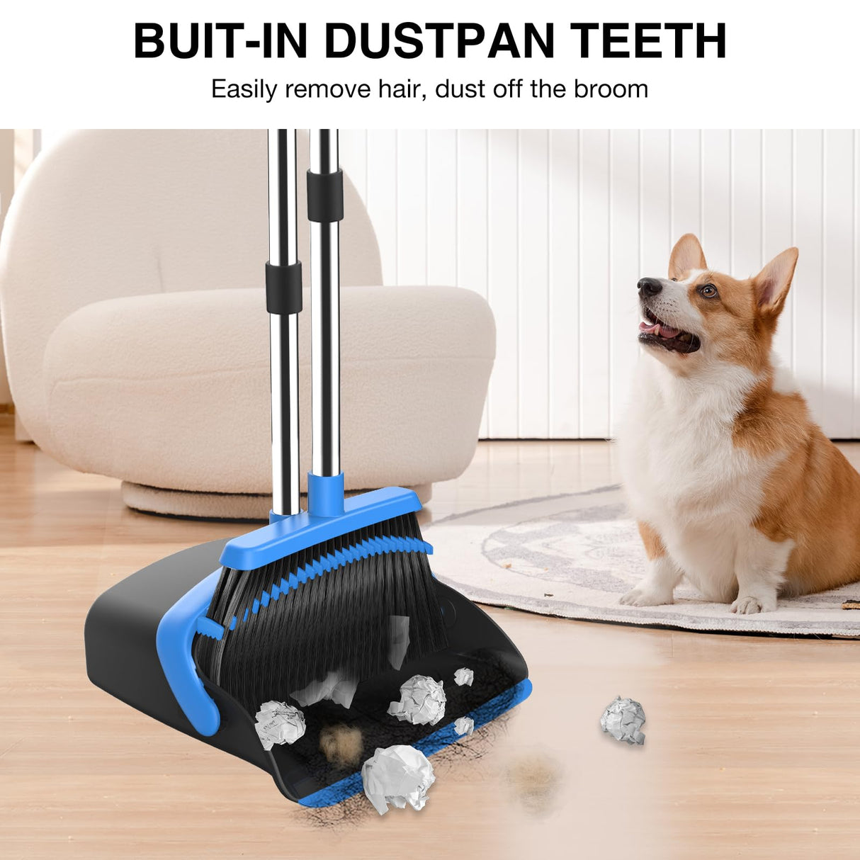 NACENA Broom and Dustpan Set, 52-in Long Adjustable Handle Broom Dustpan Combo with Dustpan Teeth to Automatically Clean Hair Suitable for Home Kitchen Office Hall Floor(Black&Blue)