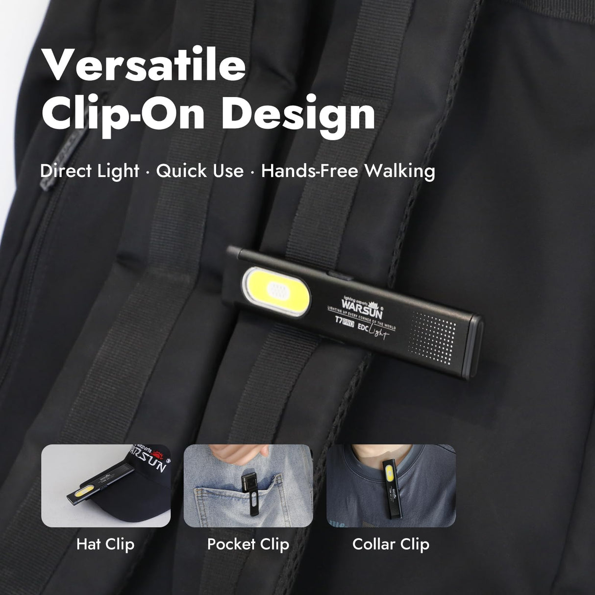WARSUN T7 Rechargeable EDC Flashlight 2 Pack, Slim Pocket Flashlight with USB-C Charging, Clip & Magnetic Base, Lightweight Portable LED Work Light for Everyday Carry, Camping & Emergency