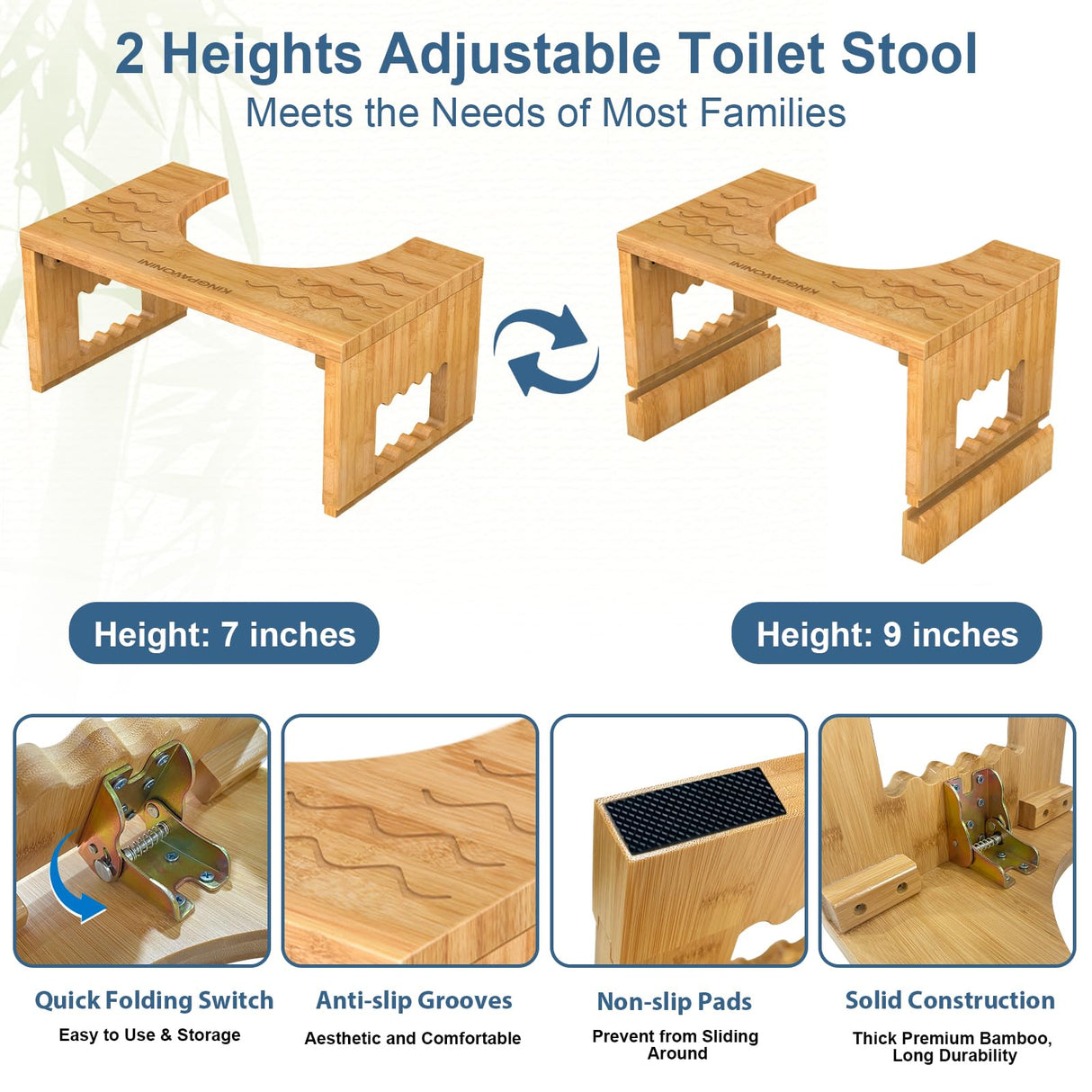 KingPavonini Bamboo Toilet Stool Squat 7in & 9in Heights Adjustable, Foldable Poop Stool for Adult, Potty Stool for Bathroom with Non-Slip Grooves Portable, Space-Saving, 400 lbs Capacity