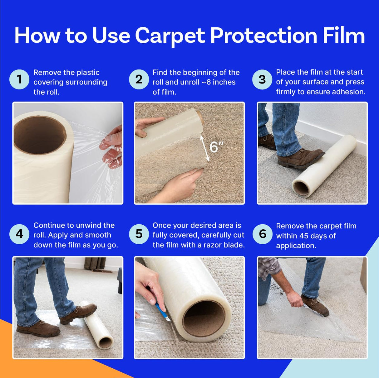 TapeManBlue Carpet Protection Film 24" x 200' roll, Self Adhesive Plastic Carpet Protector Film with Clean Removal & Easy Unwind, Durable Protection Tape to Shield Your Surface from Dirt and Spills