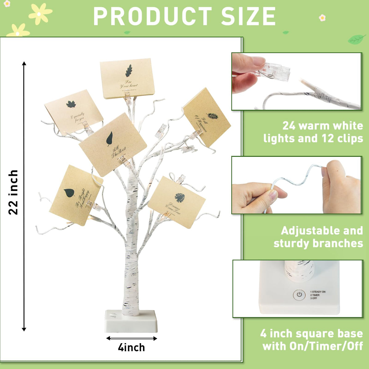 EAMBRITE Money Tree Gift Holder, Lighted Birch Tree 2FT 24LED, Battery/USB Powered Timer Light Up Display Twig Gift Card Tree with 12 Clear Clips and 6 Cards for Home Christmas Graduation Photo Memo