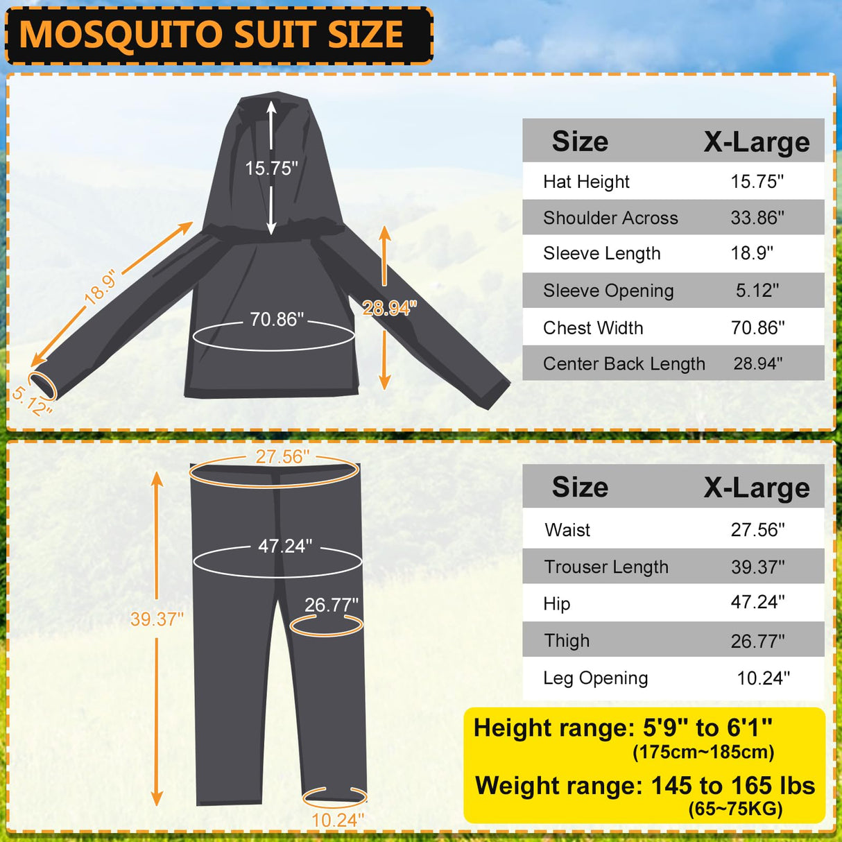 South to East Mosquito Suit - Net Bug Mesh Pants & Jacket with Hood for Outdoor Protection from Bugs, Flies, Gnats, No-See-Ums & Midges - Mosquito Net Clothing for Men & Women with Carrybag, XL Size