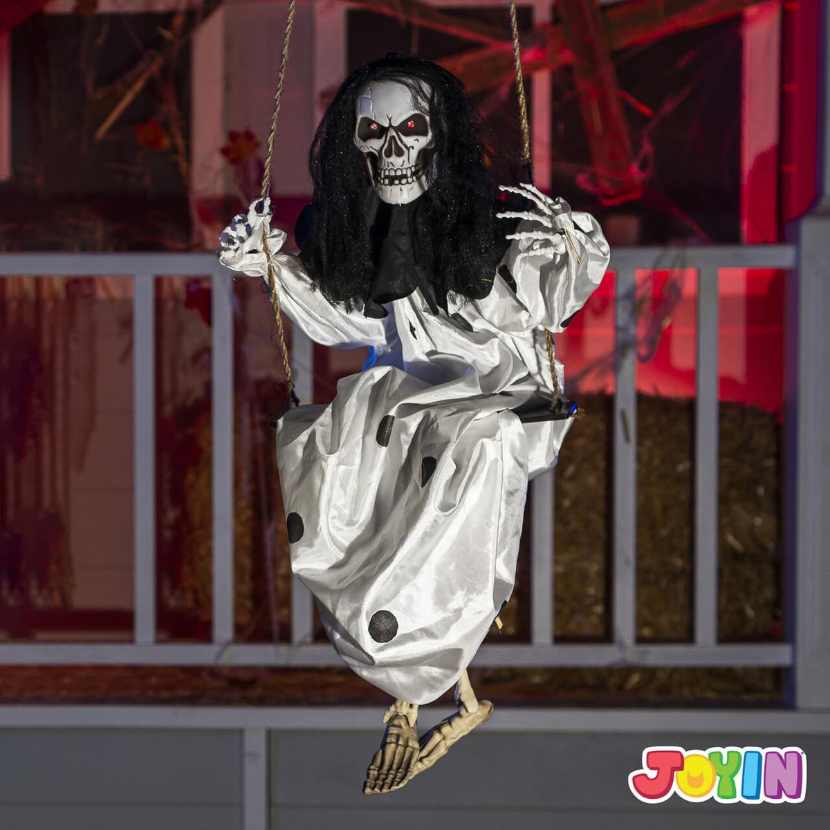 JOYIN 2 Pcs Halloween Hanging Swinging Ghosts Decorations Outdoor, Halloween Scary Decor with Lighted Up Eyes, Creepy Swinging Skeleton Flying Props for Yard Patio Lawn Garden