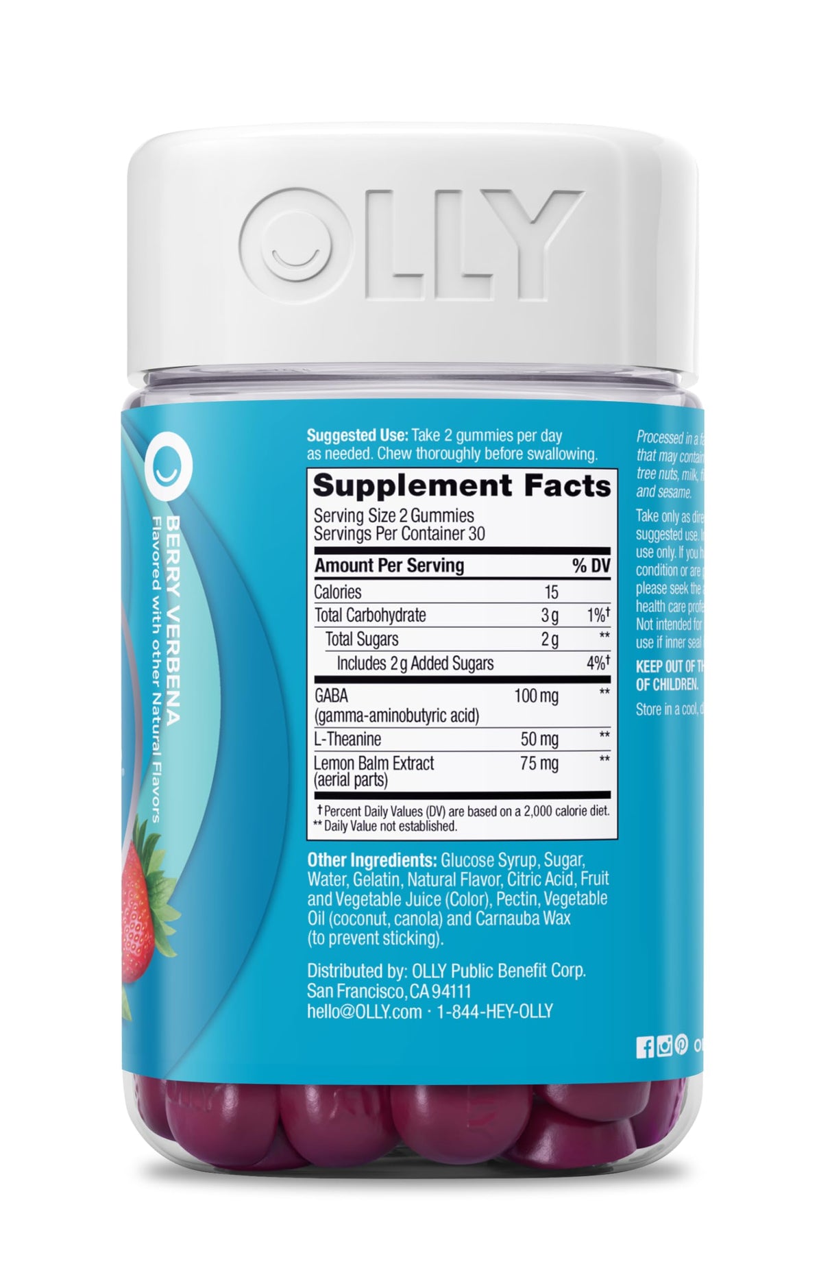 OLLY Goodbye Stress Gummy, GABA, L-Theanine, Lemon Balm, Stress Relief Supplement, Berry - 60 Count