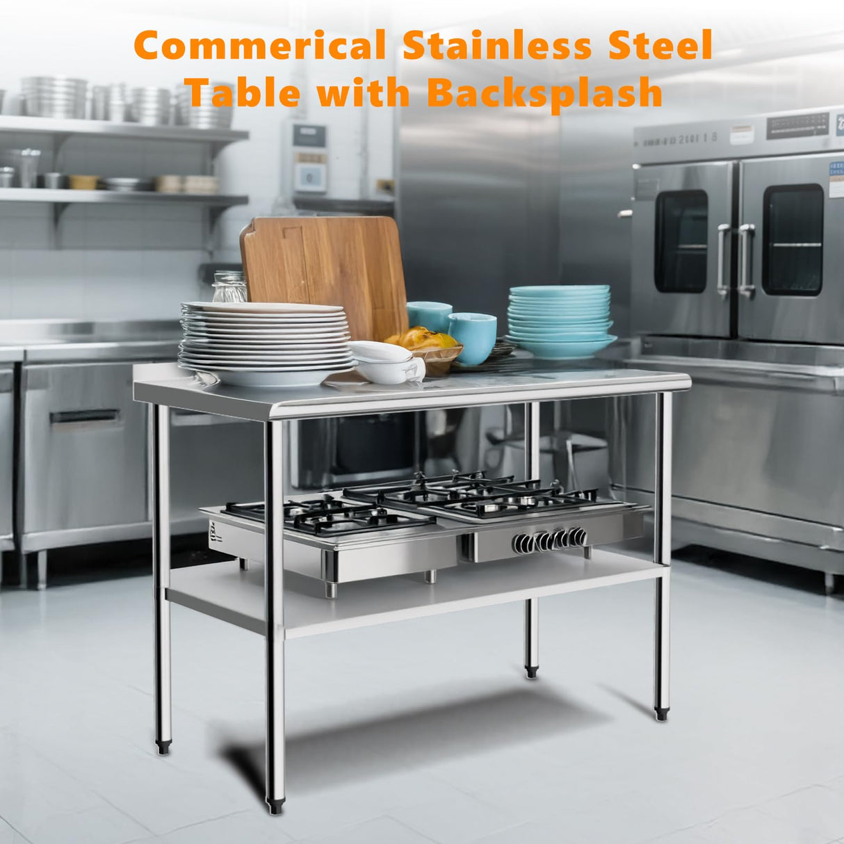 ROVSUN 60'' x 24'' Stainless Steel Table for Prep & Work,Commercial Worktables & Workstations, NSF Heavy Duty Metal Table with Adjustable UnderShelf & Backsplash for Kitchen,Restaurant,Home,Hotel