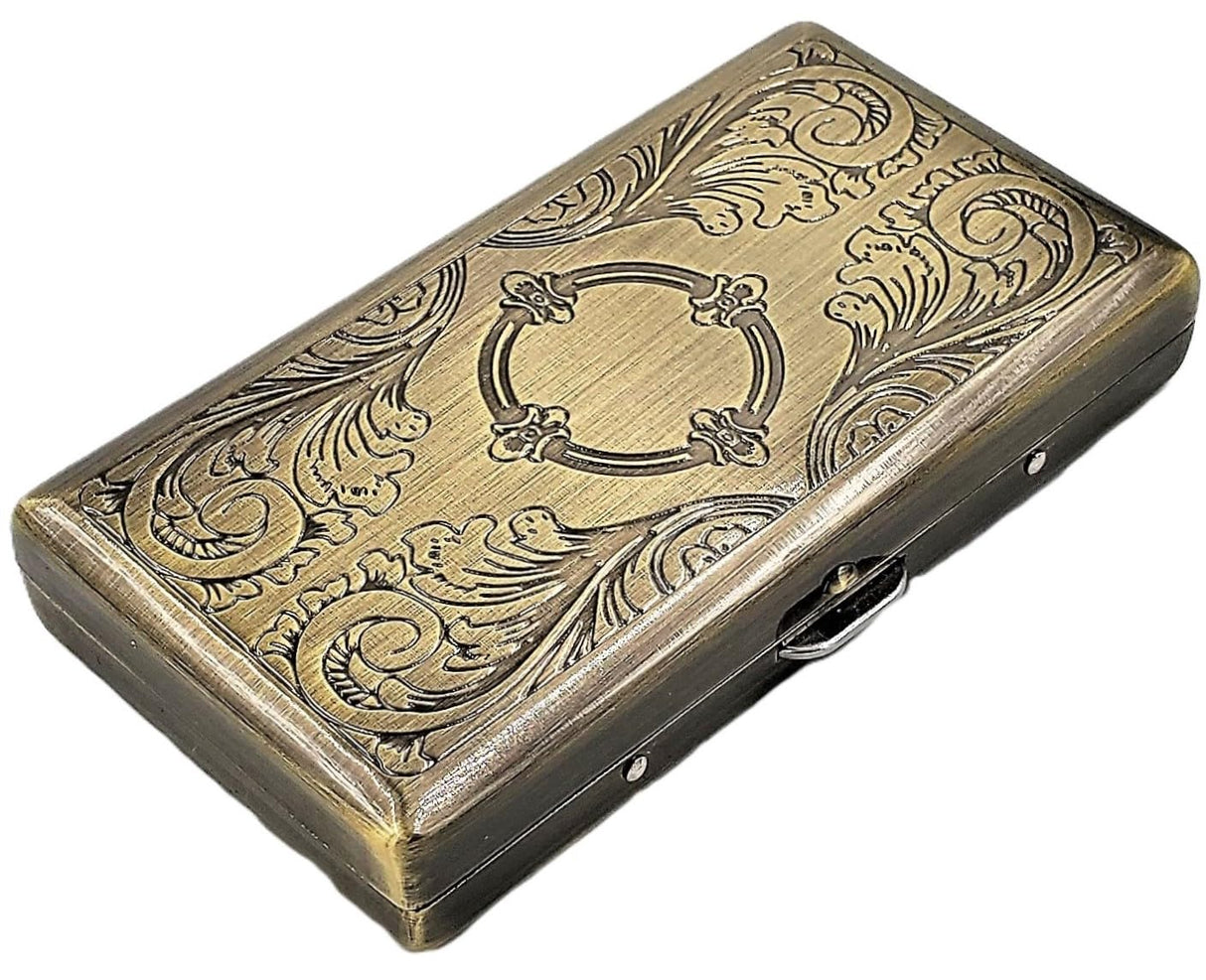 Cigarette Case Victorian Style Metal Holder for Regular, King and 100's Size Pocket Protective Security Wallet (ES100-AB, Antique Brass)