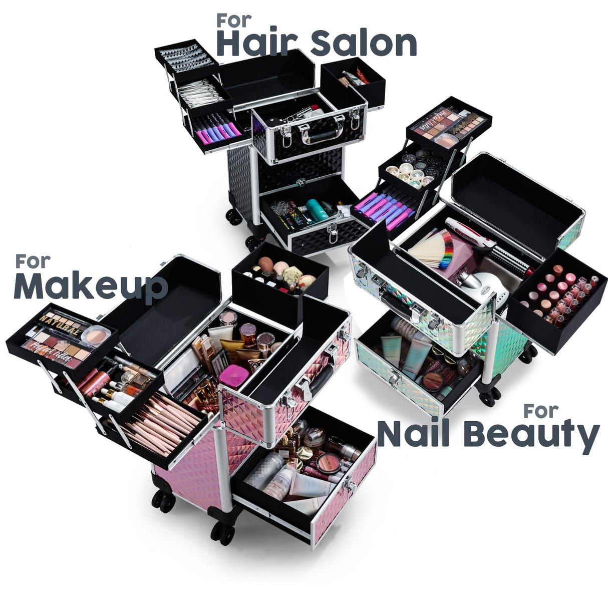Hododou Rolling Makeup Case Cosmetic Travel Trolley Storage Sliding Drawer 4 Tray Makeup Travel Case with Wheels Salon Barber Case Traveling Cart Trunk for Cosmetologist Nail Tech Hairstylist Black