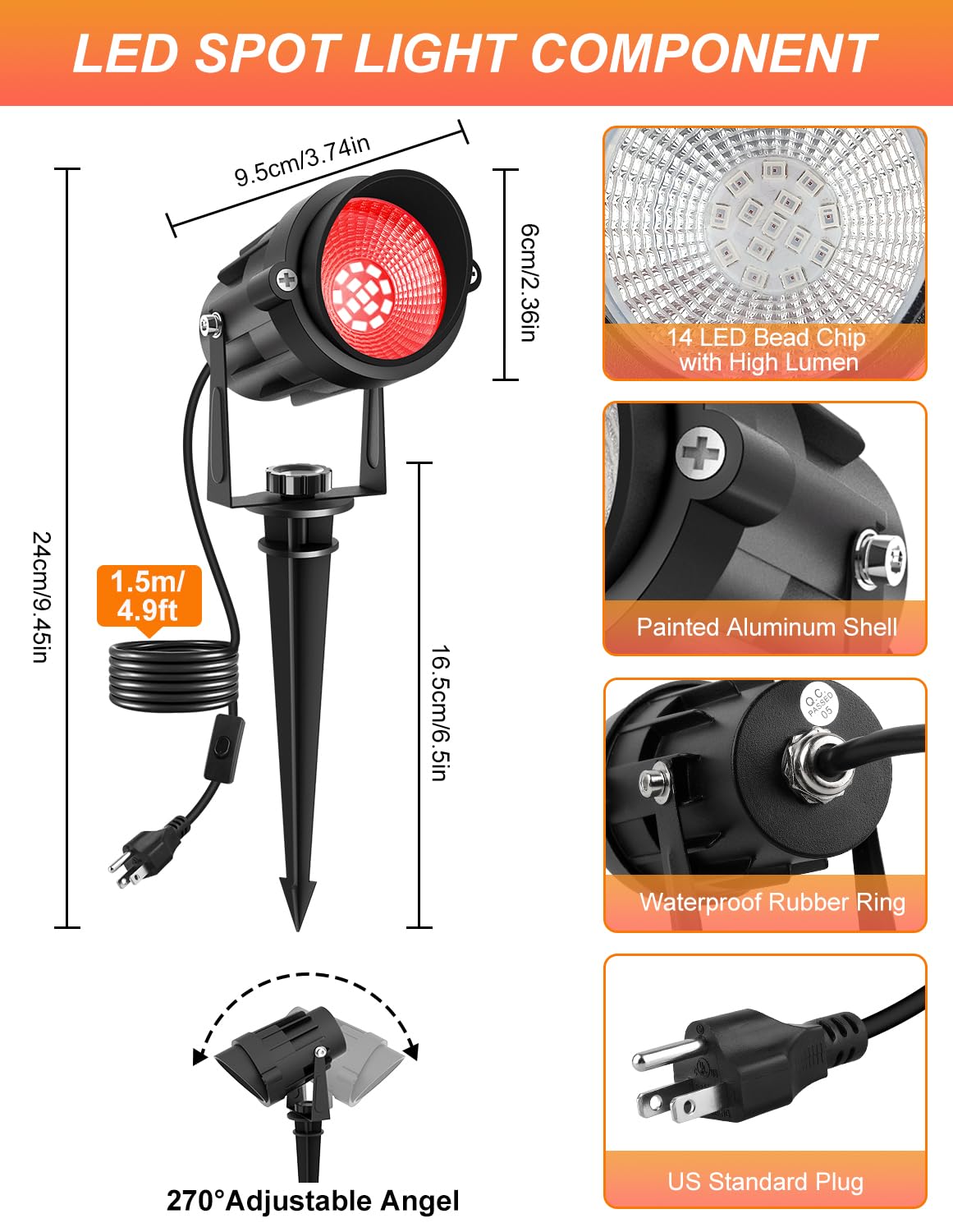 CREPOW Halloween Red Landscape Lights Outdoor, 14 LED Landscape Lighting with US Plug, IP65 Waterproof Spotlights for Tree Yard Garden Pathway Christmas Decor 2 Pack