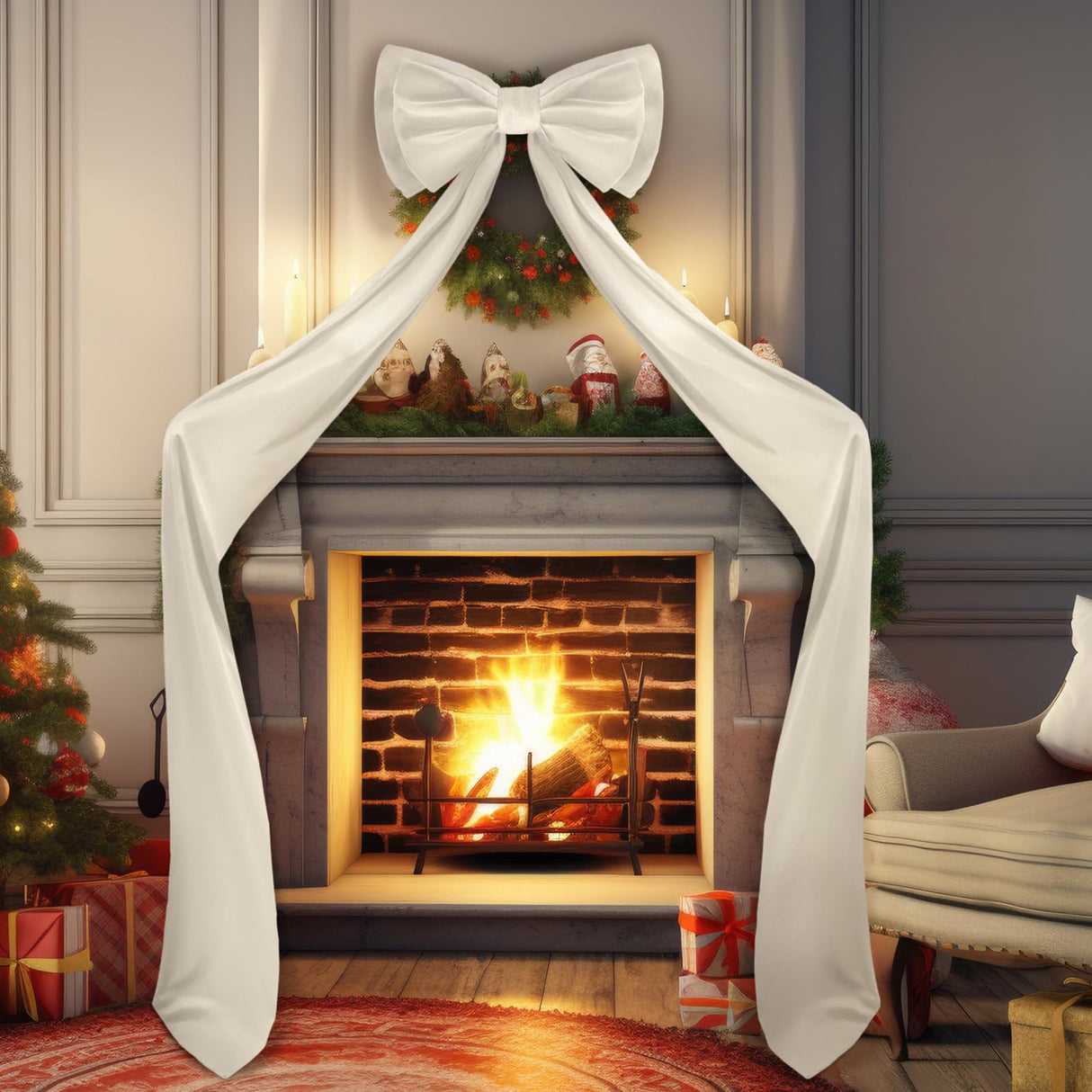 Wavwavw Giant Bow Decor Christmas Tree Topper Decoration Big Bows for Room Wall Backdrop 75x18 Inch Ribbon Tie for Wedding Christmas Fall Birthday Party Baby Shower Supplies(Ivory,Velvet)