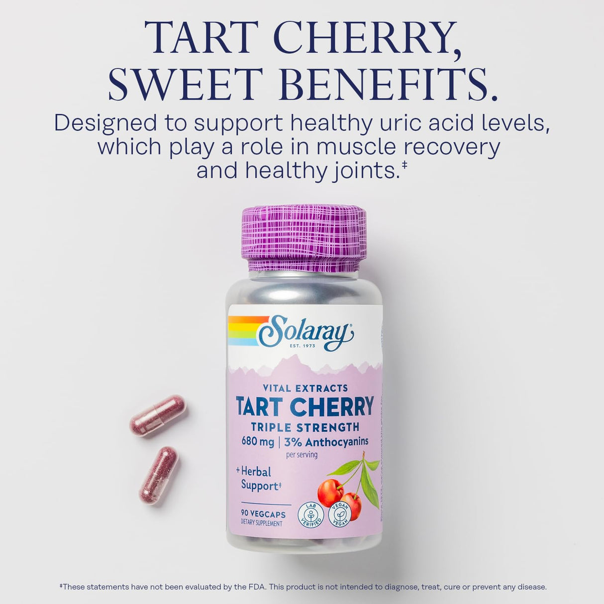 SOLARAY Triple Strength Tart Cherry Extract - Tart Cherry Capsules with Antioxidants and Anthocyanins for Uric Acid Levels Support - Vegan, 60-Day Guarantee - 45 Servings, 90 VegCaps
