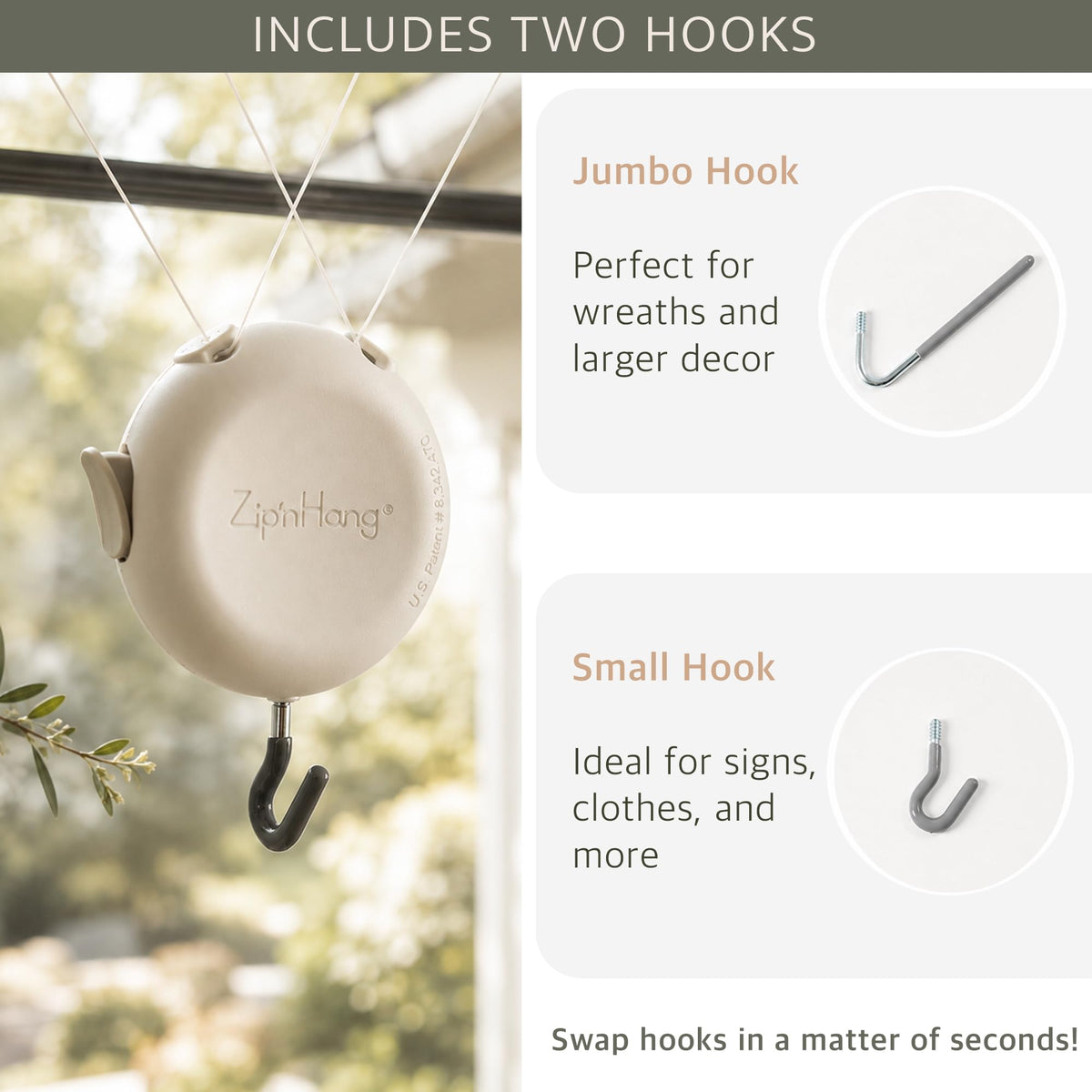 Zip 'n Hang Wreath Hanger for Front Door, White, 1 Pack