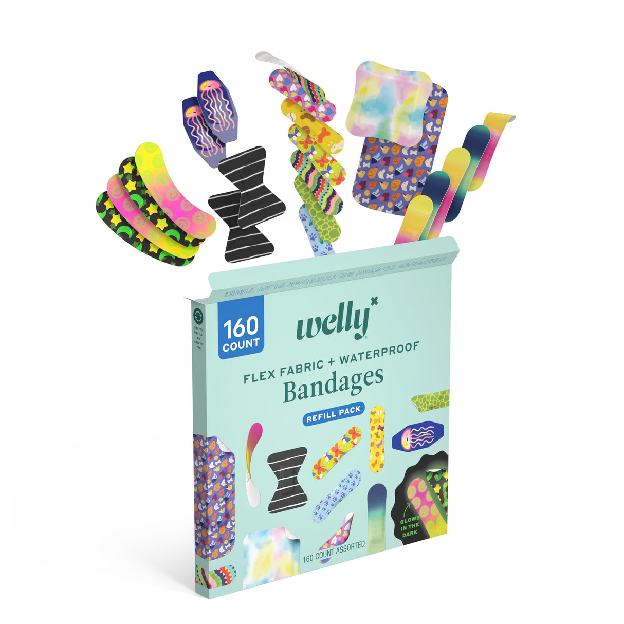 Welly Bandage Large Refill Pack | Adhesive Flexible Fabric, Glow-in-The-Dark & Waterproof Bandages | Assorted Shapes and Patterns for Minor Cuts, Scrapes, and Wounds - 160 Count