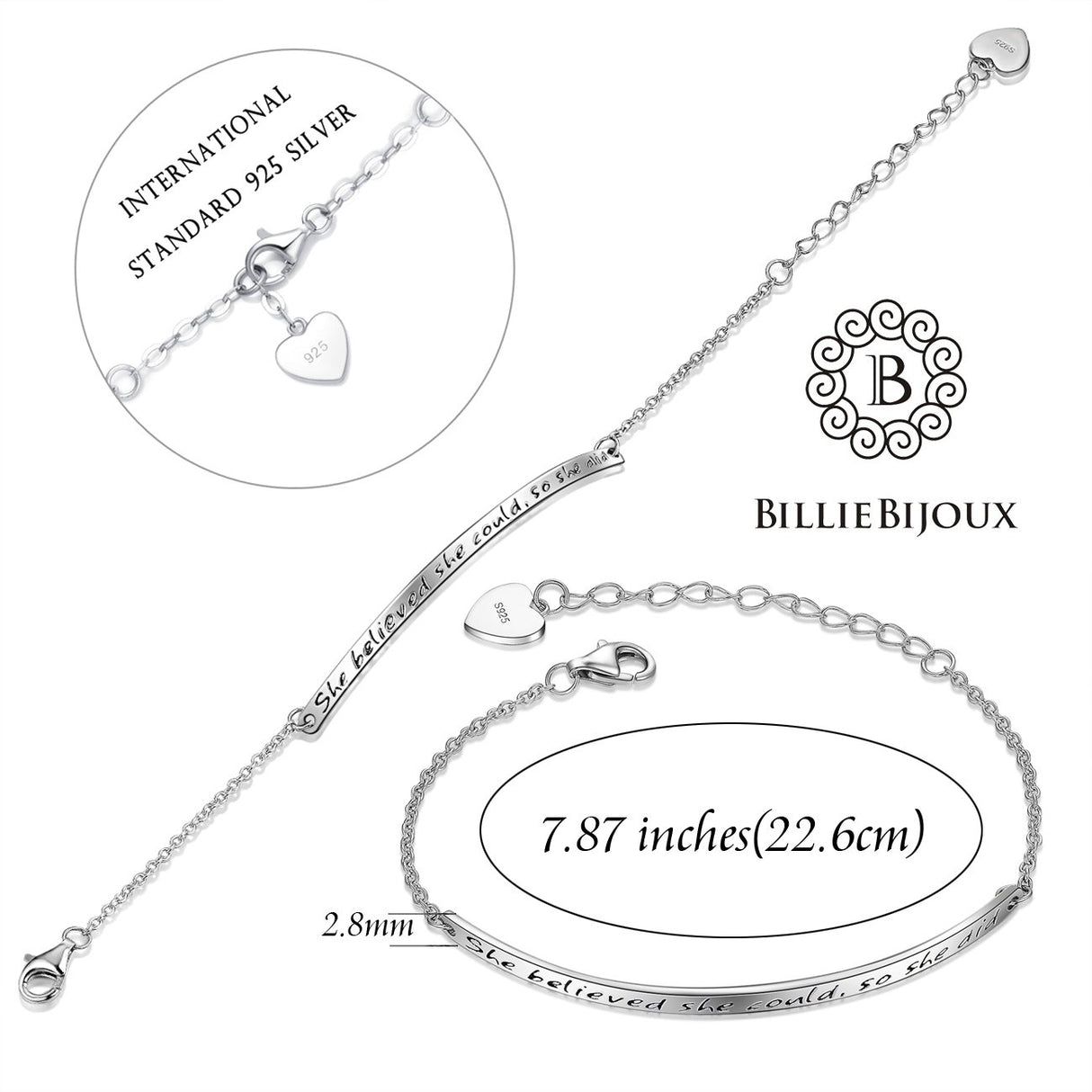 Billie Bijoux Graduation Gifts 925 Sterling Silver Women Engraved Inspirational Adjustable Bracelet “She Believed She Could So She Did” Friendship Gifts (A-silver)
