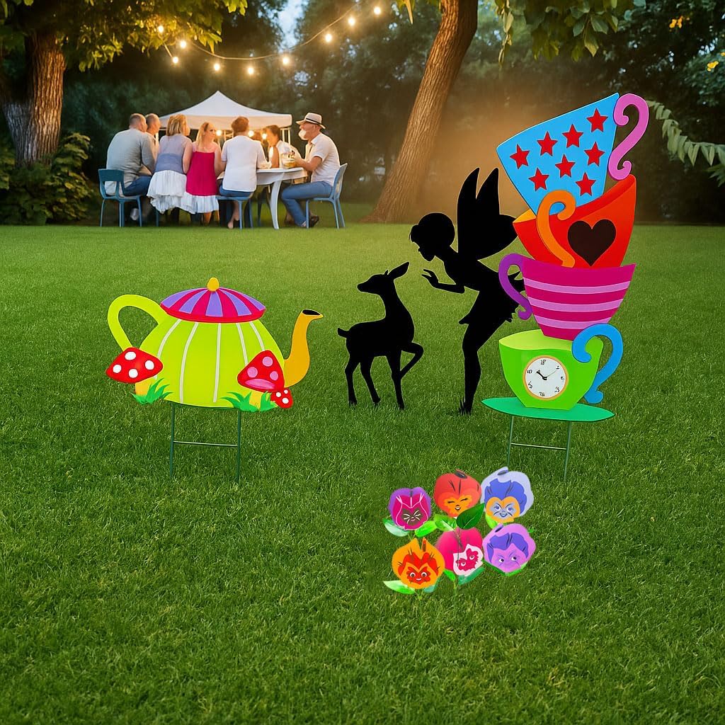 2 Pcs Giant Alice Party Decorations Props Sets Wonderland Yard Signs Decor Mad HatterTea Party Decoration Alice Themed Trick or Treat Stacked TeacupsTeapot with Stakes Stand Indoor Outdoor