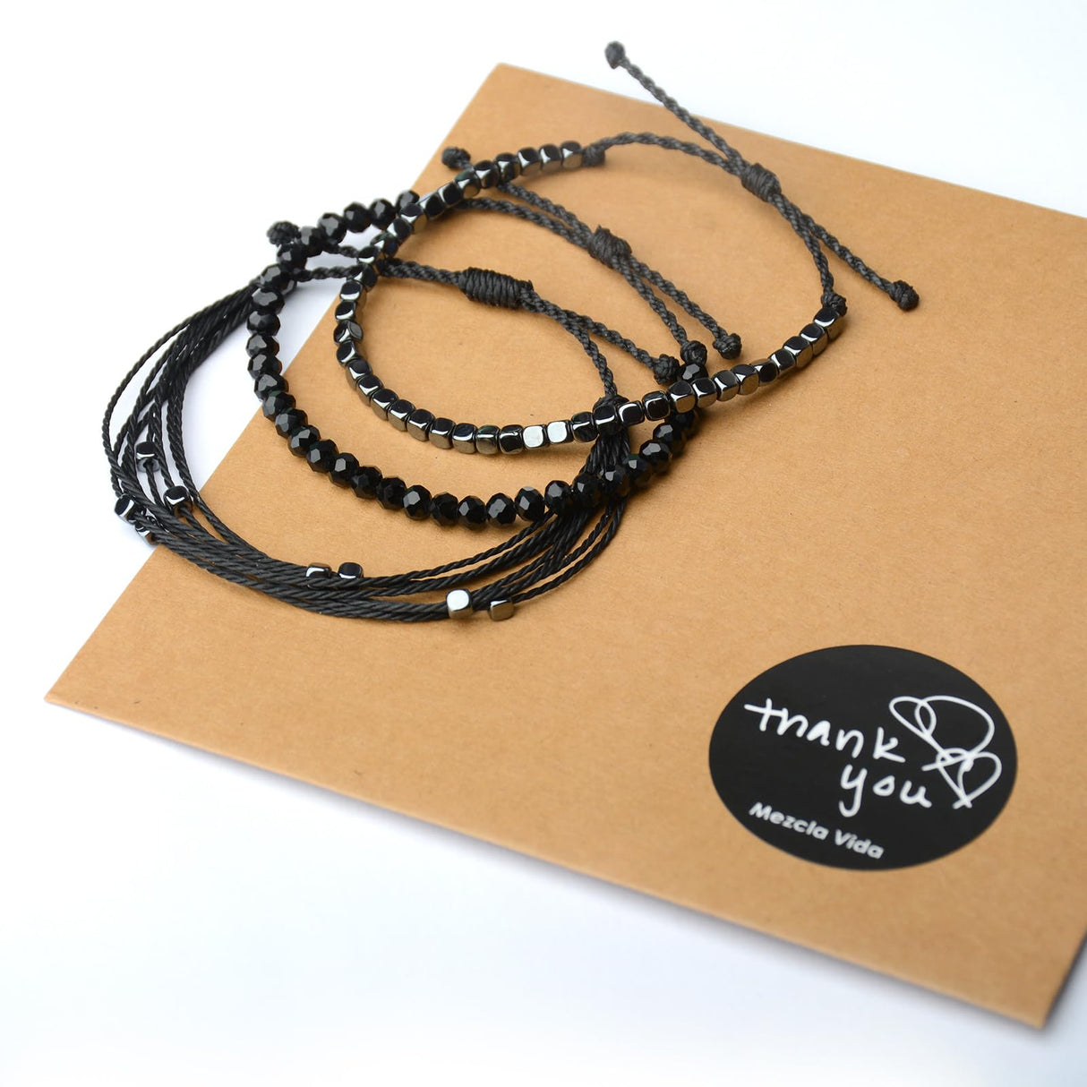 Mezcla Vida 3 Pcs Handmade Women's Stackable Bracelet Set, Adjustable Rope Bracelets Bracelets with Hematite and Glass Beads (black)