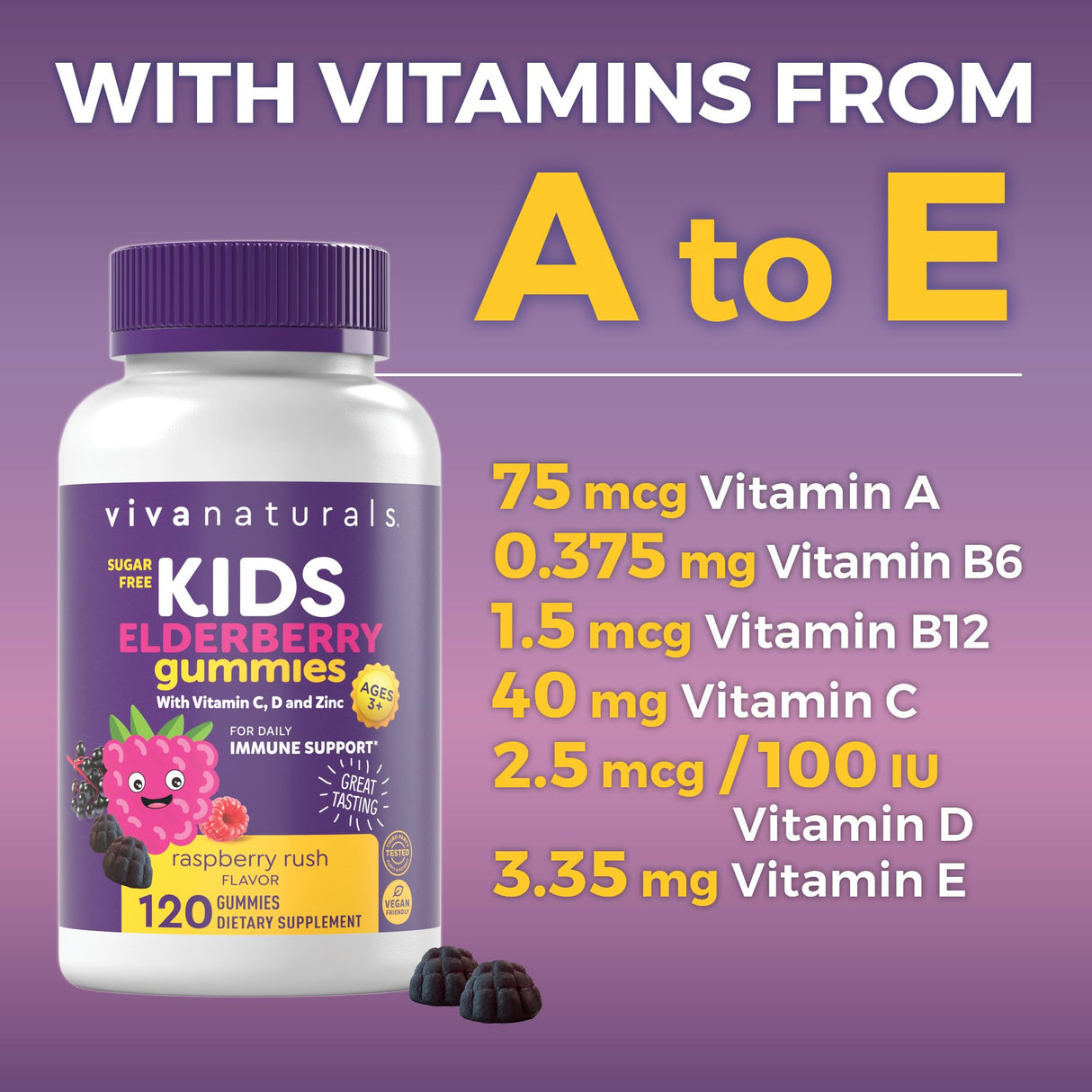 Viva Naturals Sugar-Free Sambucus Elderberry Gummies for Kids, 8-in-1 Children Immune Support with Vitamin C & Zinc – Chewable, Vegan & Gluten-Free (120 Count) for Daily Wellness