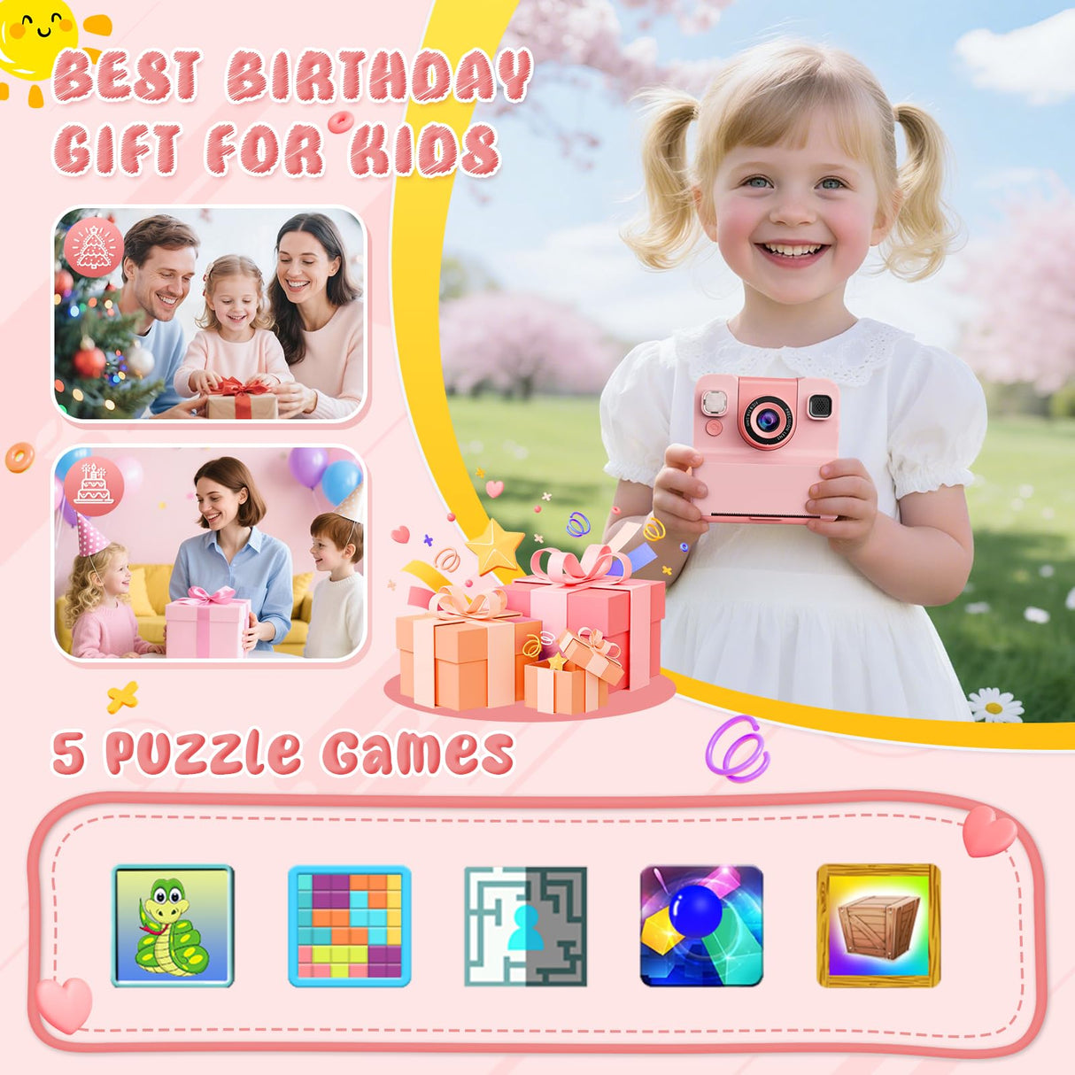 Kids Camera Instant Print Toys for Teenage Girls:1080P HD Digital Video Cameras for Girls, Christmas Birthday Gifts for 3 4 5 6 7 8 9 10 11 12 13 14 Year Old Girl with 32GB Sd Card-Pink