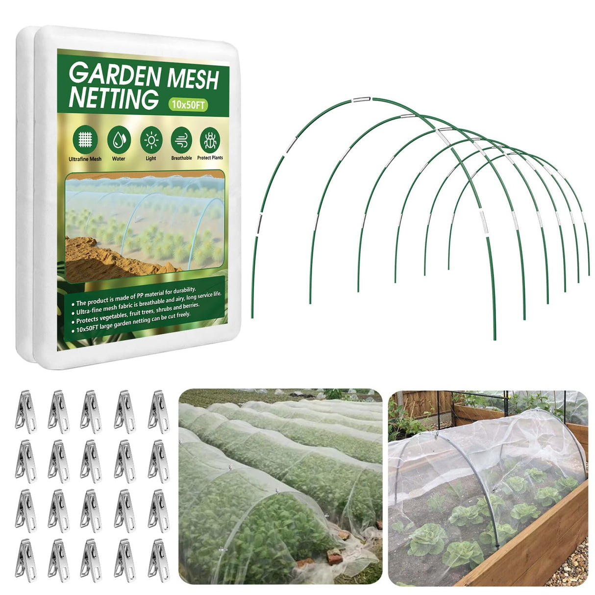 Garden Netting Kit for Raised Beds, 10x50FT Ultra Fine Mesh Netting& 6 Sets of 8FT Fiberglass Garden Hoops, Row Cover Insect Netting for Vegetable Plant Fruit Flowers Protection