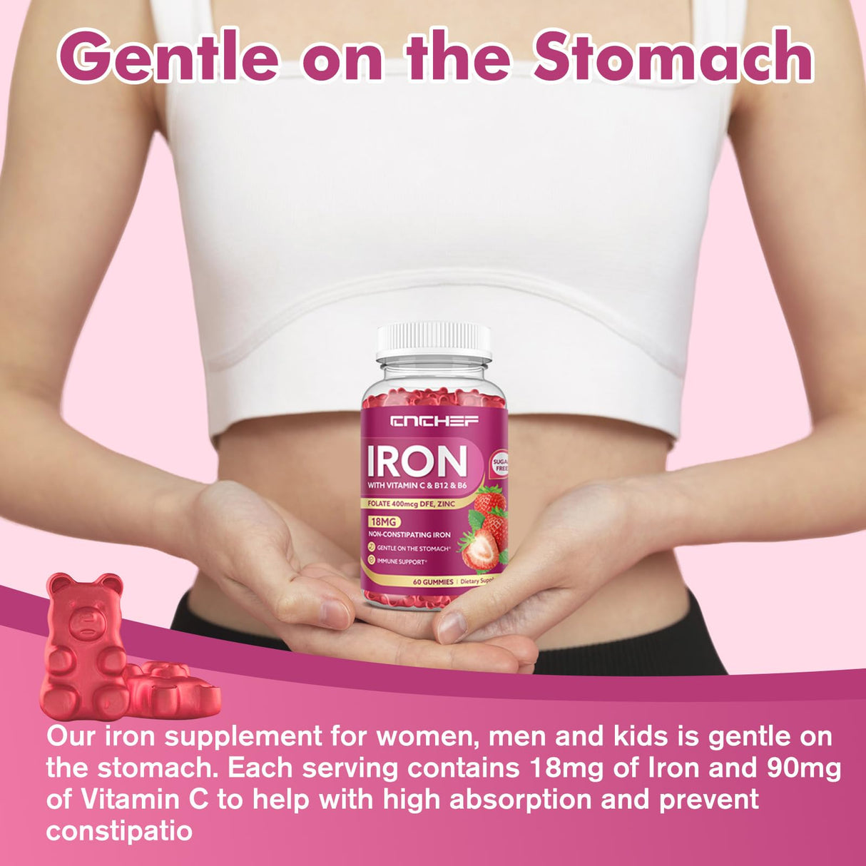 Iron Supplement for Women & Men Gummies, Multivitamin Blood Builder Iron Supplement with Folate Vitamin C B12 B6 Zinc for Adults & Kids - Energy Support - Strawberry Flavor, Vegan 60 Gummies