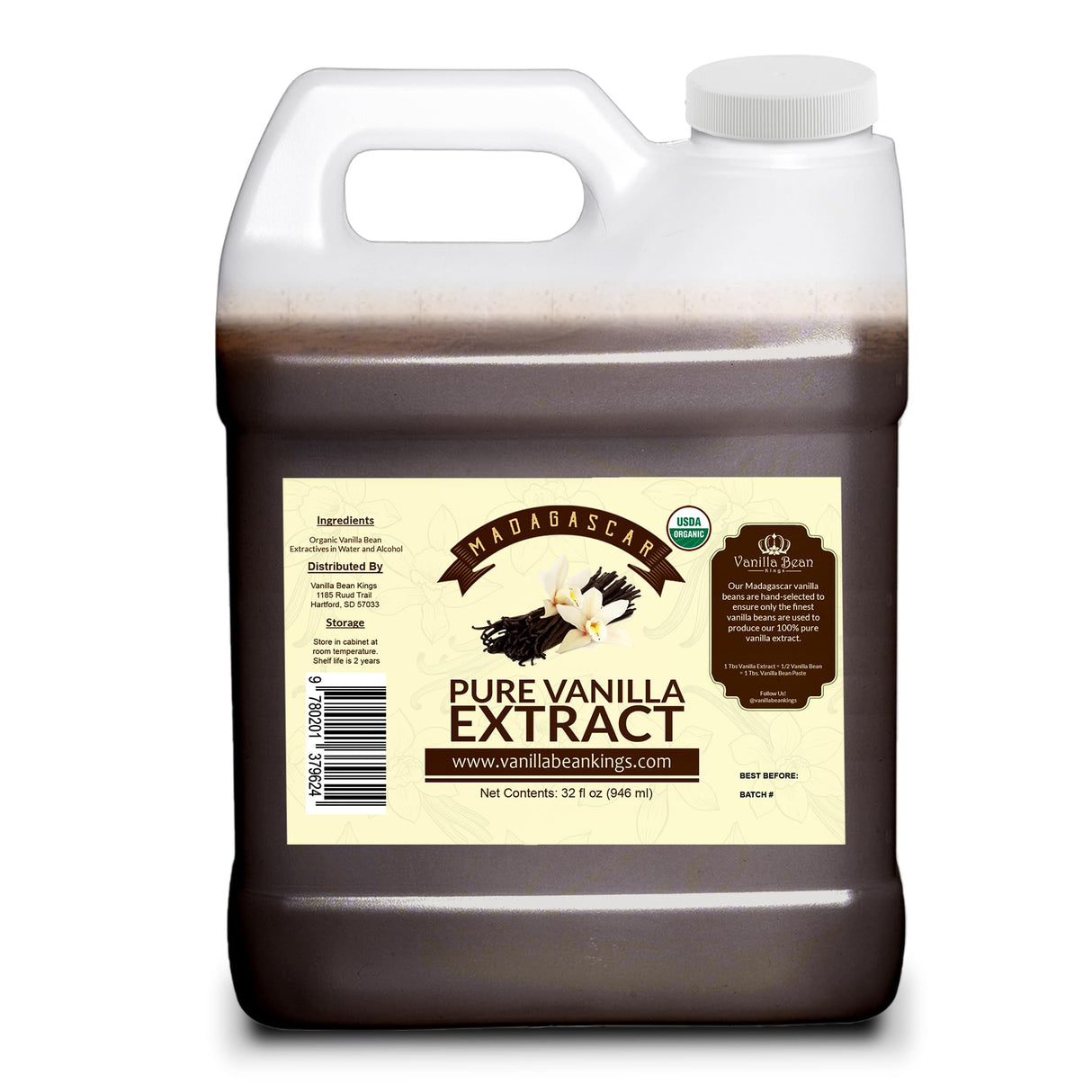 Organic Vanilla Extract - Made with Madagascar Vanilla Beans - 32 oz – For Baking, Desserts, Home Cooking and Chefs