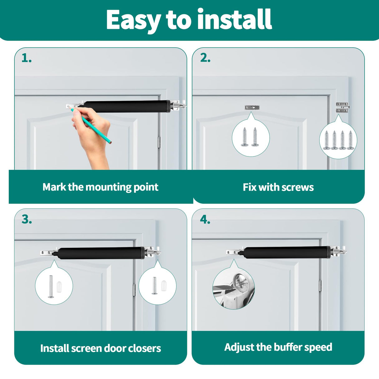 2 PCS Screen and Storm Door Closer Kit, Heavy Duty Pneumatic Screen and Storm Door Closer, Screen and Storm Door Push Button Latch Set Replacement Kit, Adjust Smooth Closing Speed (Black)