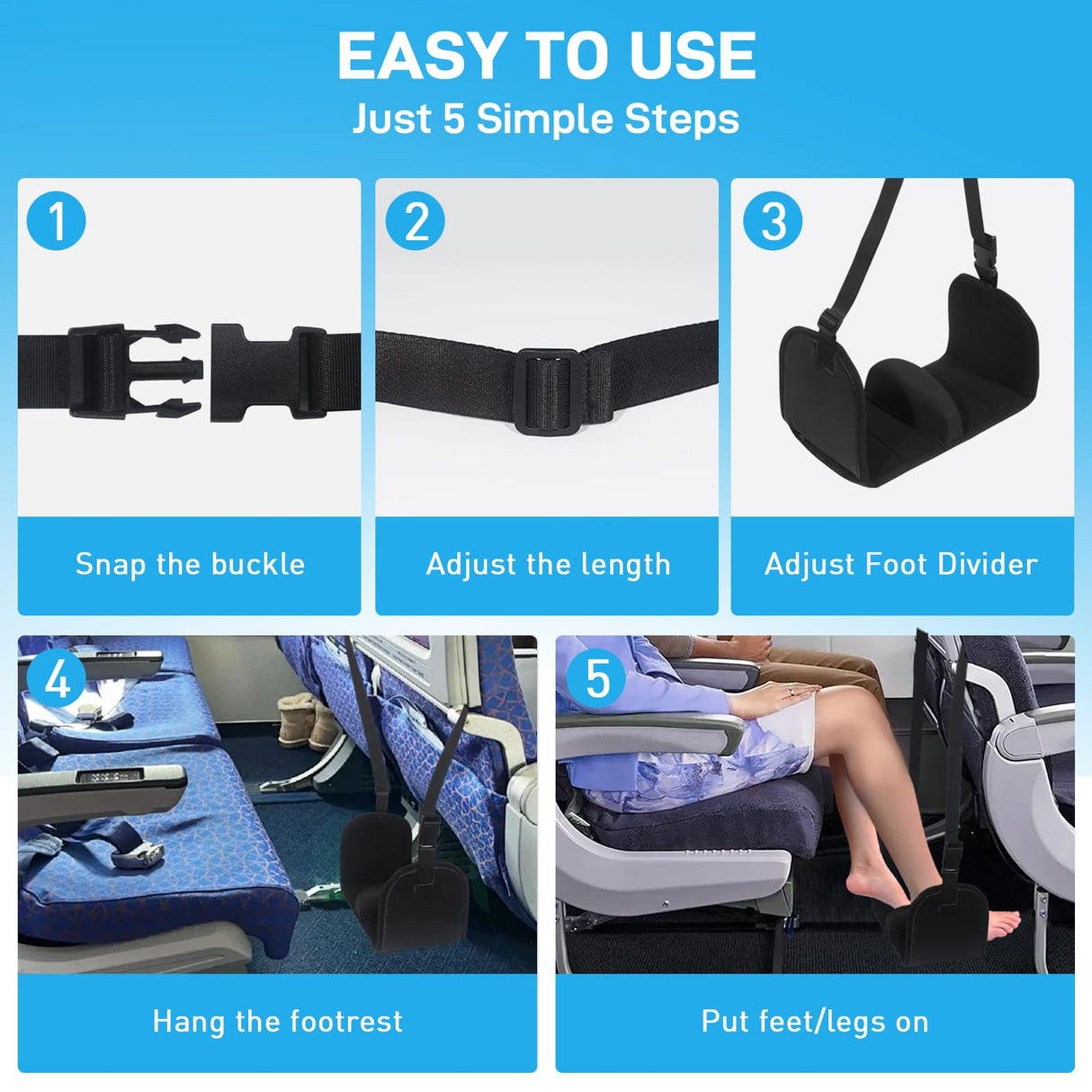 Airplane Foot Hammock, Foot Hammock for Travel Accessories with Ergonomic Removable Foot Divider Design, Airplane Foot Rest, Premium Comfortable Memory Foam & Hardboard for No Feet Clashing