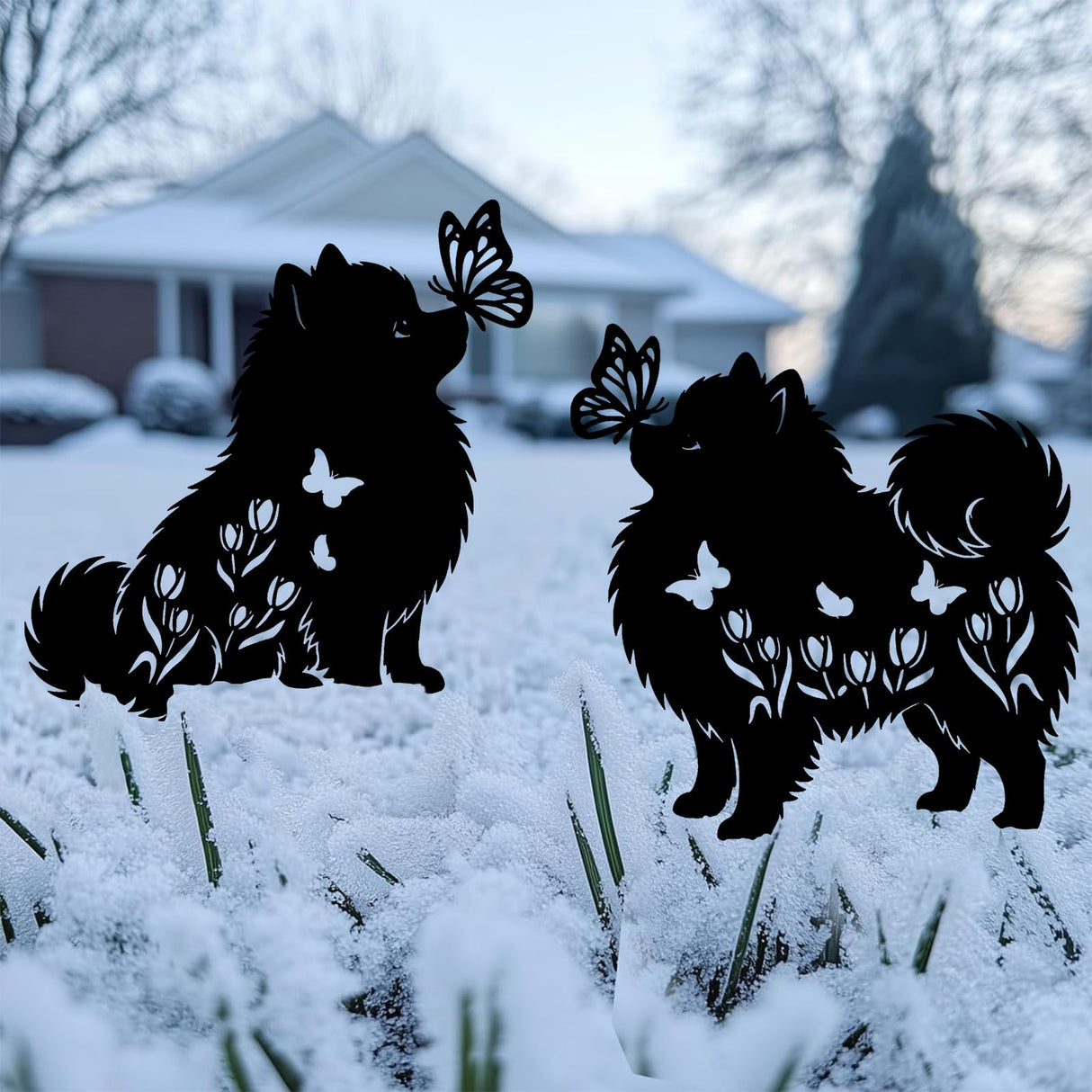 Pomeranian Metal Decorative Garden Stakes for Memorial Yard Art, Lawn Ornaments, Outdoor Decor 2 PCS