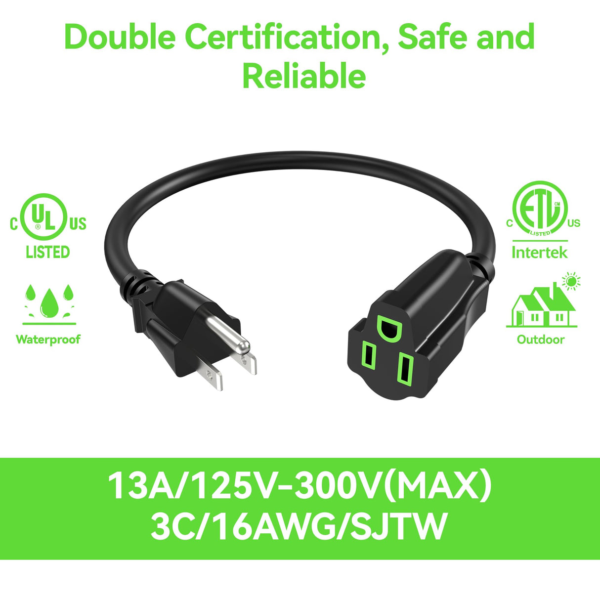 Power Extension Cord 20FT, 3 Prong Grounded Electric Extension Cable Outlet Saver, Single Outlet, Outside, Heavy Duty, Waterproof, Flexible, 16AWG, SJTW, 13A 125V, Outdoor & Indoor Power Wire (Black)