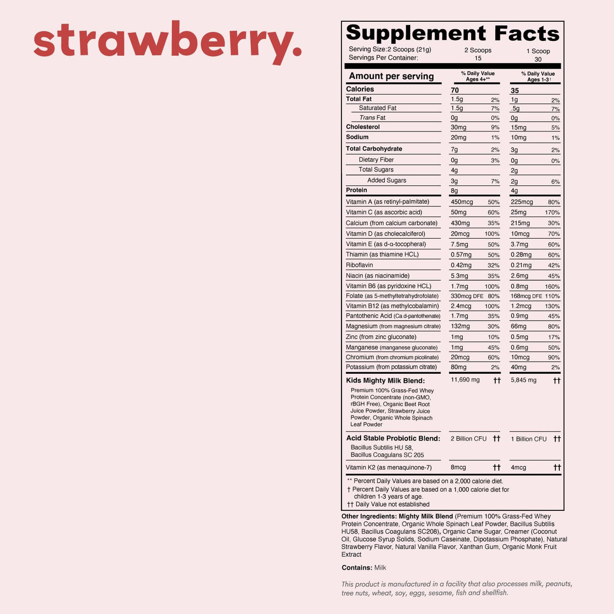 Nurished Mighty Strawberry Milk - Kids All-in-One Daily Protein Powder & Multivitamin Boosted with 2 Billion Probiotics & Organic Spinach - Natural Flavors, Colors & Sweeteners - 15-30 Servings