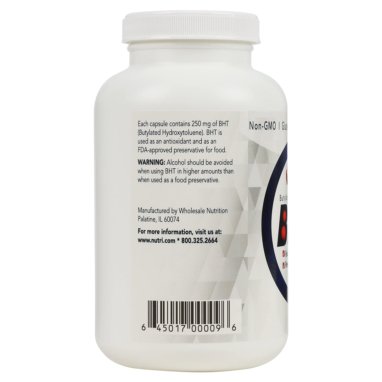 Wholesale Nutrition BHT 250mg - 500 Capsules - Potent Antioxidant Support as Butylated Hydroxytoluene, Food Grade Preservative, Non-GMO, Gluten-Free