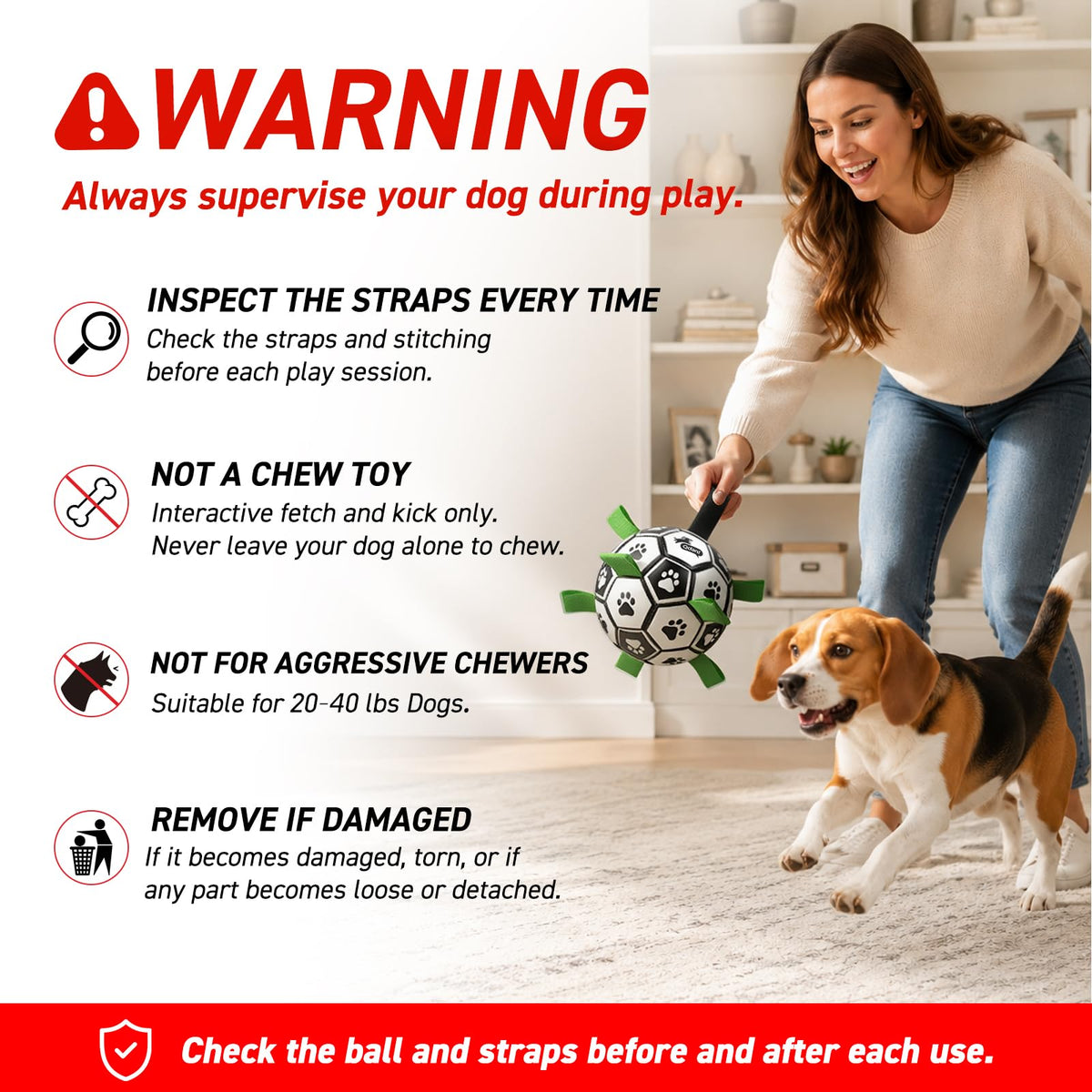 QDAN Dog Toys Dog Balls, 6 Inch Dog Soccer Ball with Straps, Herding Balls