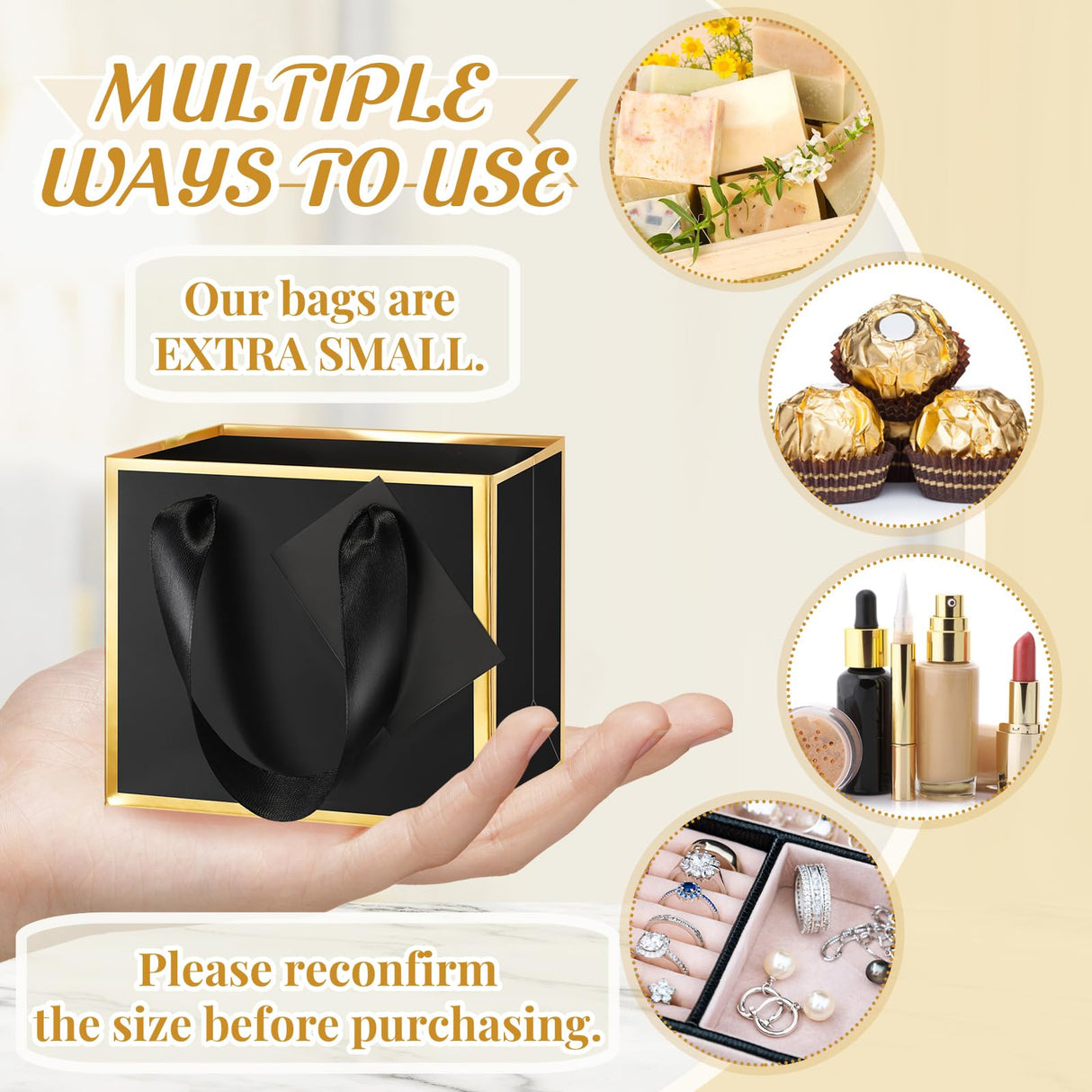 Yeaqee 50 Pcs Mini Metallic Foil Gift Bags with Handles 4x4.75x2.25'' Tiny Thank You Favor Bag with Tag for Christmas Fall Thanksgiving Welcome Wedding Baby Shower Birthday Party(Black, Gold)