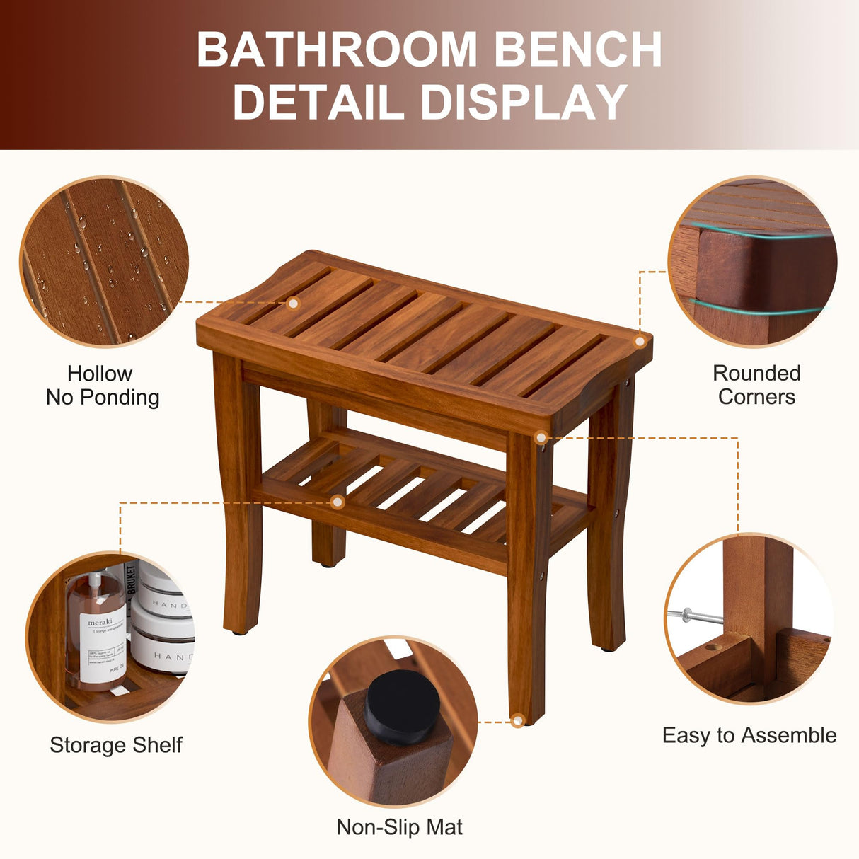Teak Shower Bench Stool with Storage Shelf, Waterproof Shower Chair Spa Bath Seat, Shower Stool for Inside Shower, Bathroom Bench Seat for Adults Elderly Seniors for Indoor or Outdoor Use