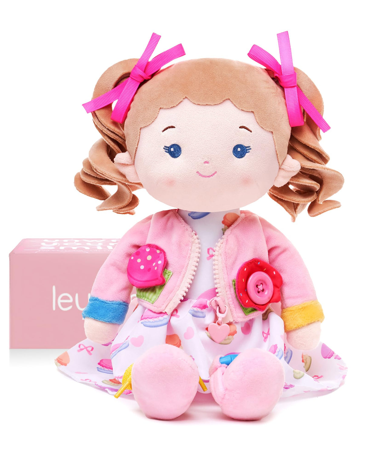 LeyaDoll Soft Bady Educational Soft Baby Doll(16''), Learning Sensory Doll for Toddlers, Montessori Toys for 2-Year-Old Girls Christmas, Birthday Gifts, Plush Doll with Button-Busy Cupcake-Girl