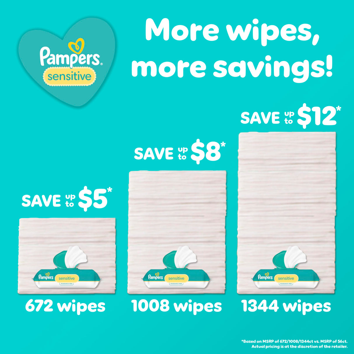 Pampers Baby Wipes, Sensitive, Water Based Wipe, Clinically Proven, Hypoallergenic, and Unscented for Babies, 1008 Wipes Total (12 Flip-Top Packs)