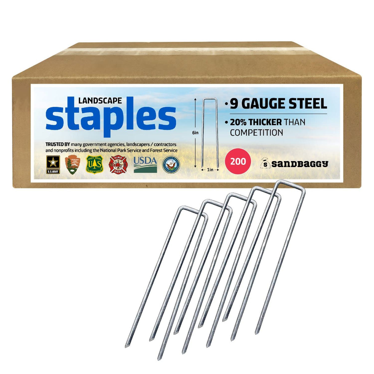 Sandbaggy 6 inch Landscape Sod Staples (9 Gauge Steel) ~ Great for Hard Soil - 20% Thicker Than Competition - Trusted by Farmers & Contractors Across USA (200 Staples)