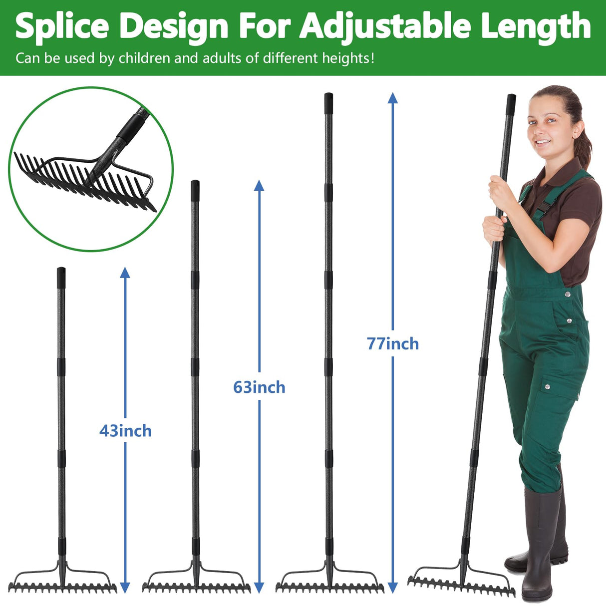 TAILERNRUYE 77 inch Bow Rake, 2-in-1 Metal Garden Lawn Rake for Weeding Digger Loosening Soil Raking Leaf Leveling Rocks Spreading Mulch Gravel 17 Tines Adjustable Garden RakeBow Rake