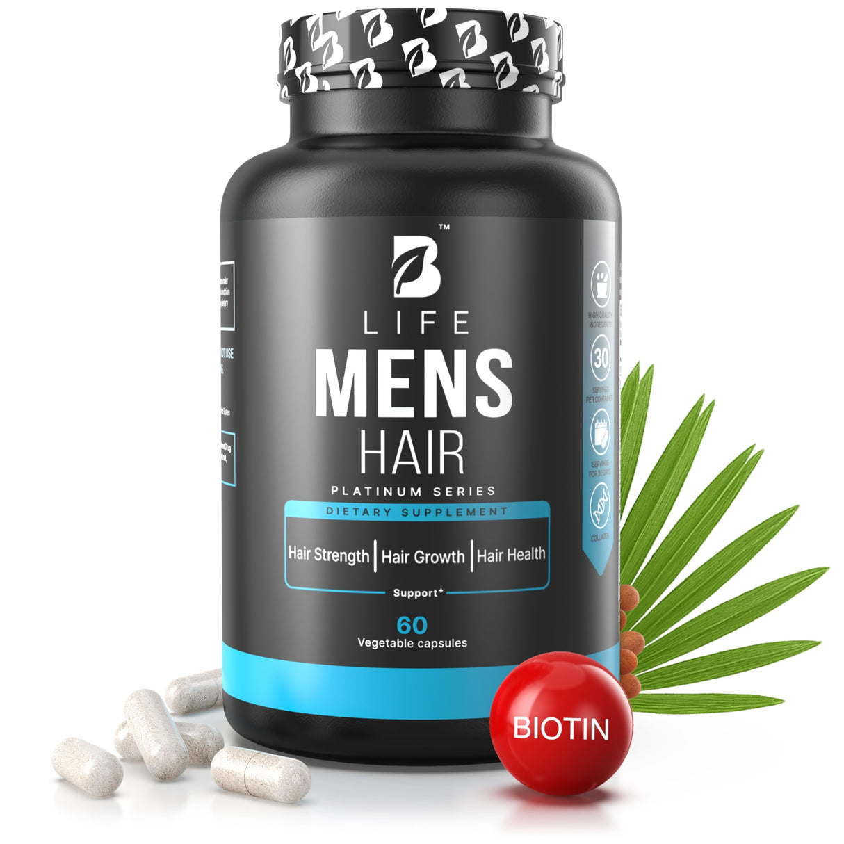 Men’s Hair Supplement – 60 Capsules – Biotin for Hair Growth Men – Hair Vitamins for Hair Loss for Men – Hair Supplements for Hair Growth with Collagen, Zinc, Selenium, Vitamins A,C,D,E – 30 Servings