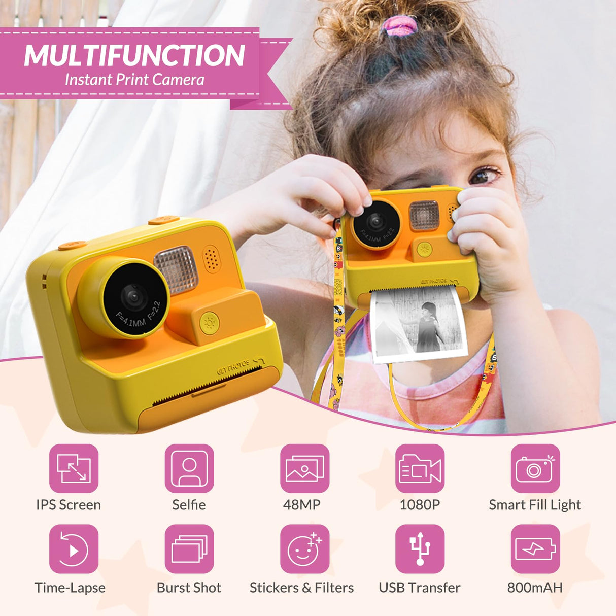 Mafiti Kids Camera Instant Print, 48MP Digital Camera Selfie 1080P Video with 32G TF Card, Toys Gifts for Girls Boys Aged 3-12 for Christmas/Birthday/Holiday (Orange)