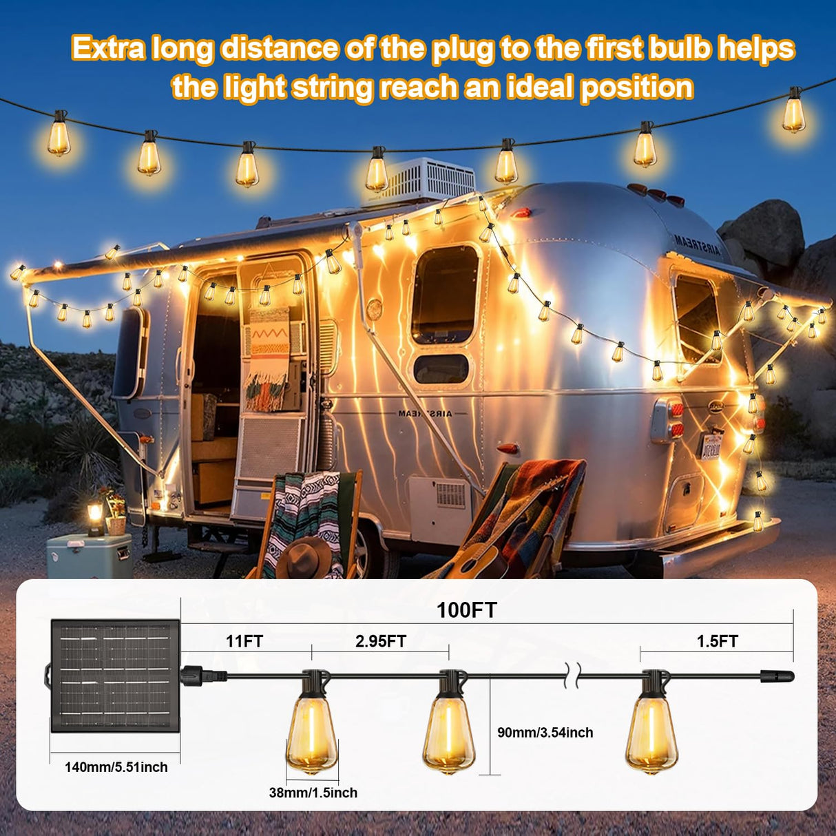 100FT Solar String Lights Outdoor Waterproof with Remote & Timer, LED Shatterproof ST38 Bulbs, USB & Solar Powered Patio Lights for Backyard, Porch, Garden, Wedding Decor, Dusk to Dawn Lighting