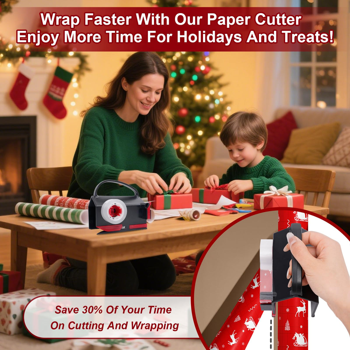 2-in-1 Wrapping Paper Cutter & Tape Dispenser, with 4 Tapes & 2 Blades 
